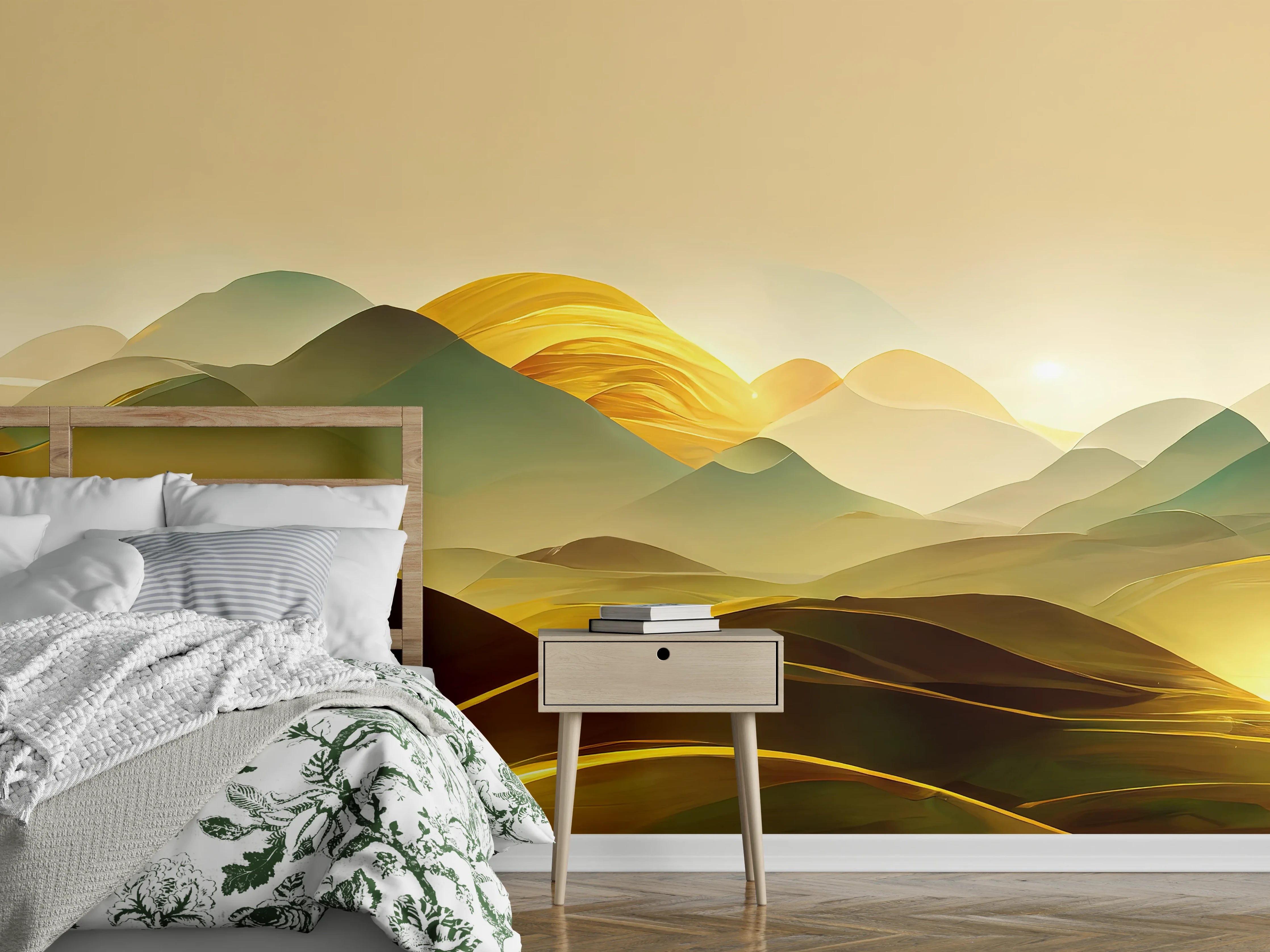 Wandverkleidung Schlafzimmer - Goldene abstrakte Landschaft Wandbild