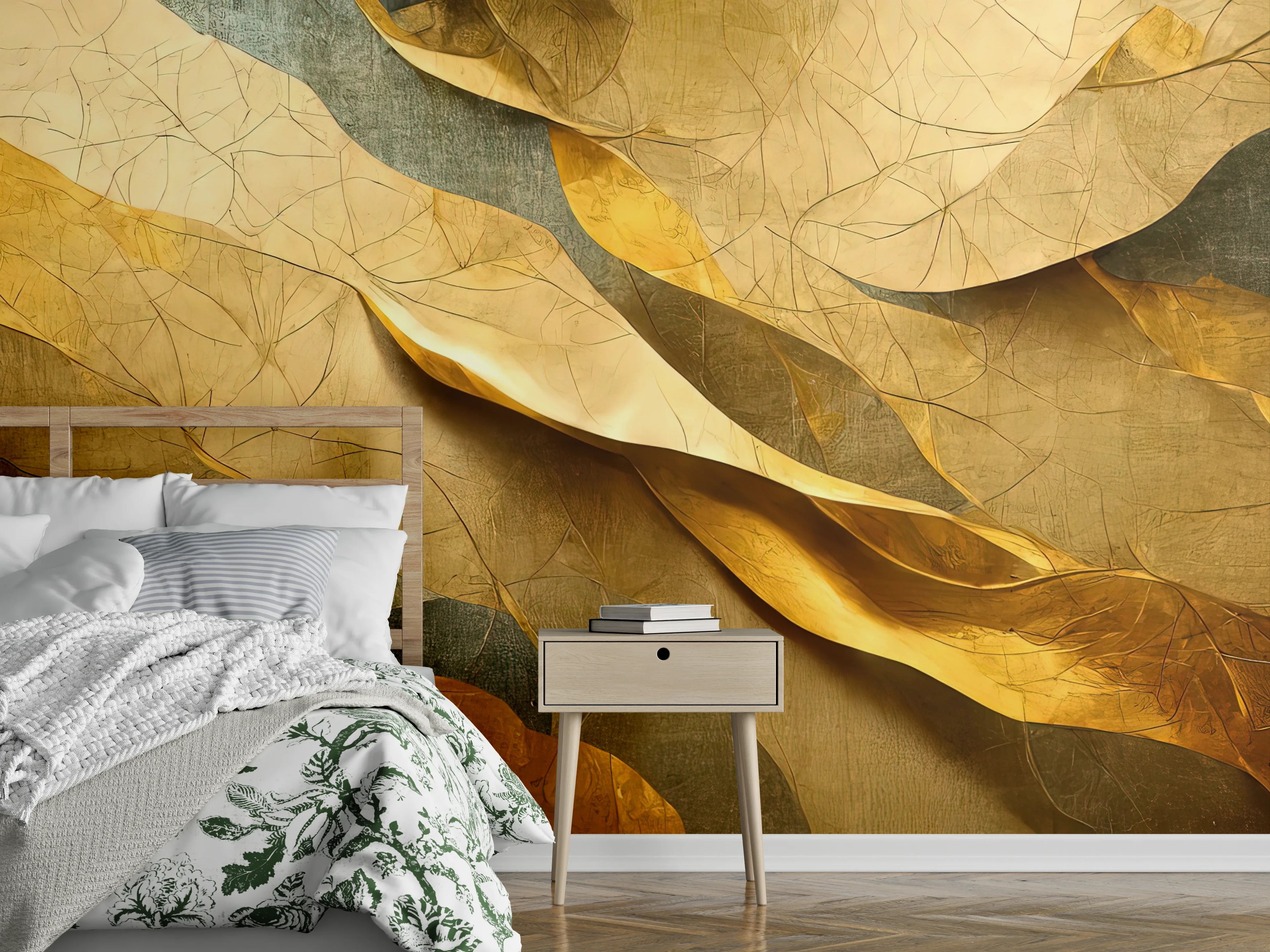 Wandverkleidung Schlafzimmer - Goldene abstrakte Wellenstruktur