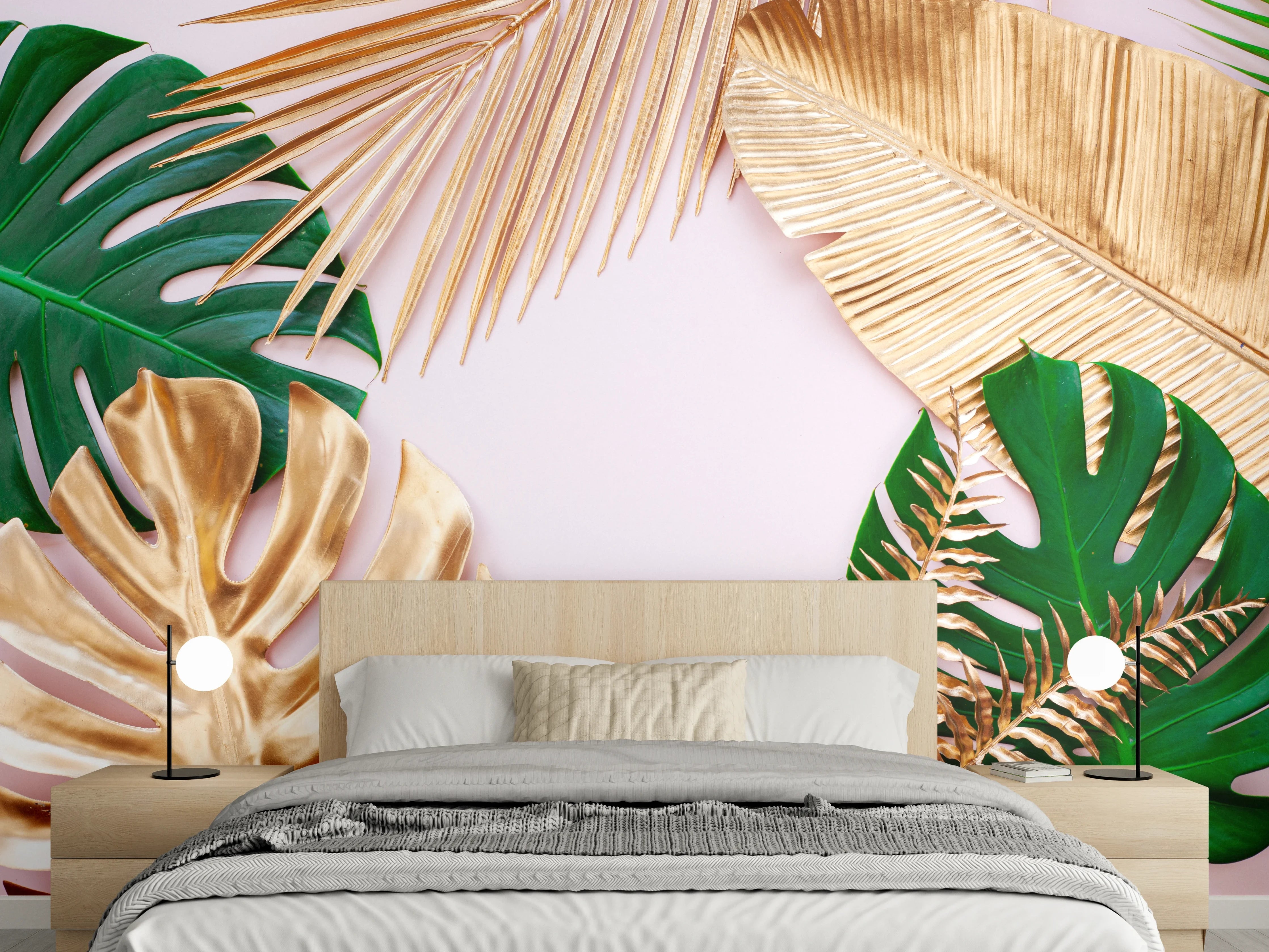 Wandverkleidung Schlafzimmer - Goldene und grüne Blätter-Deko