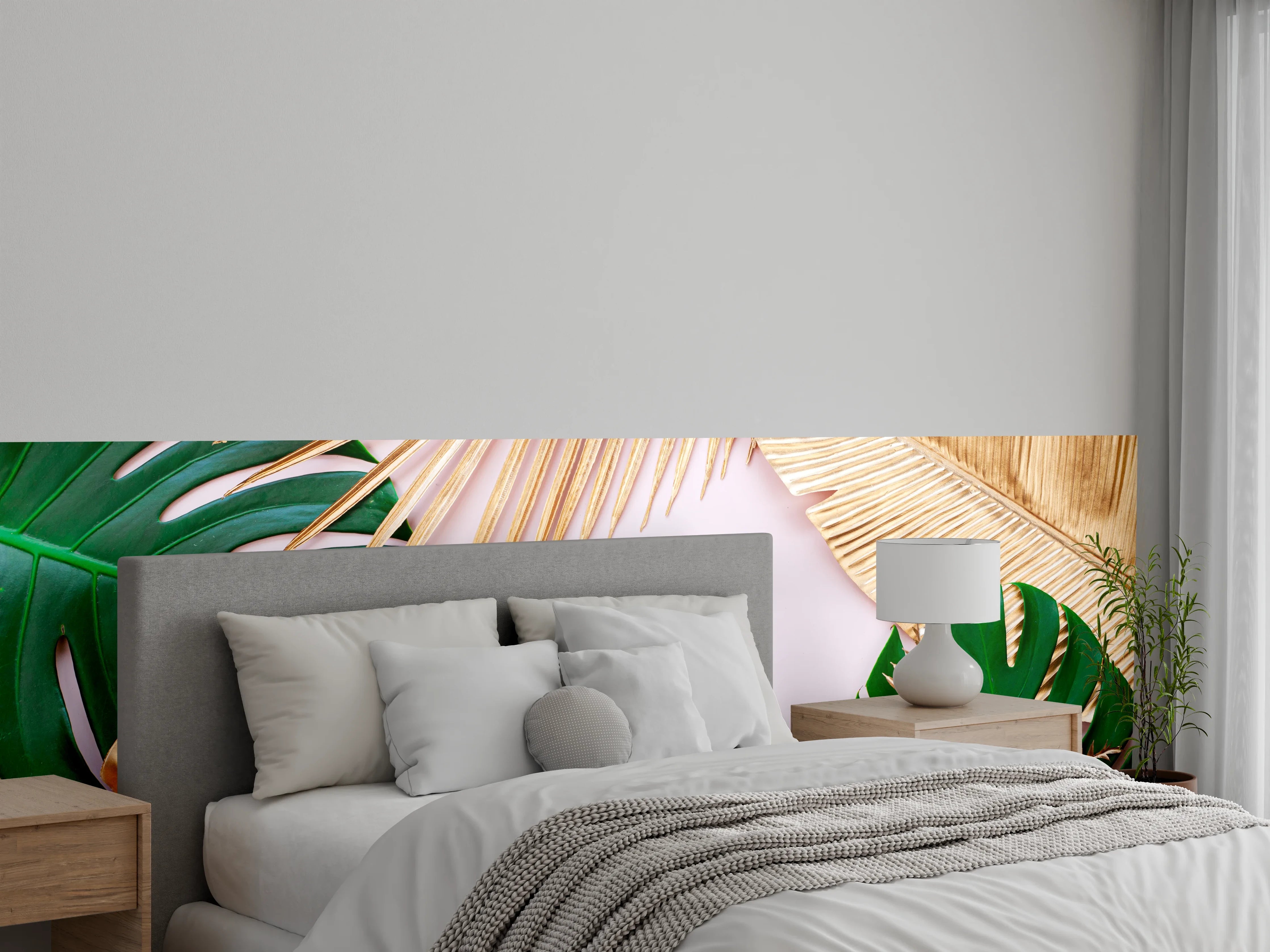 Wandverkleidung Schlafzimmer - Goldene und grüne Blätter-Deko