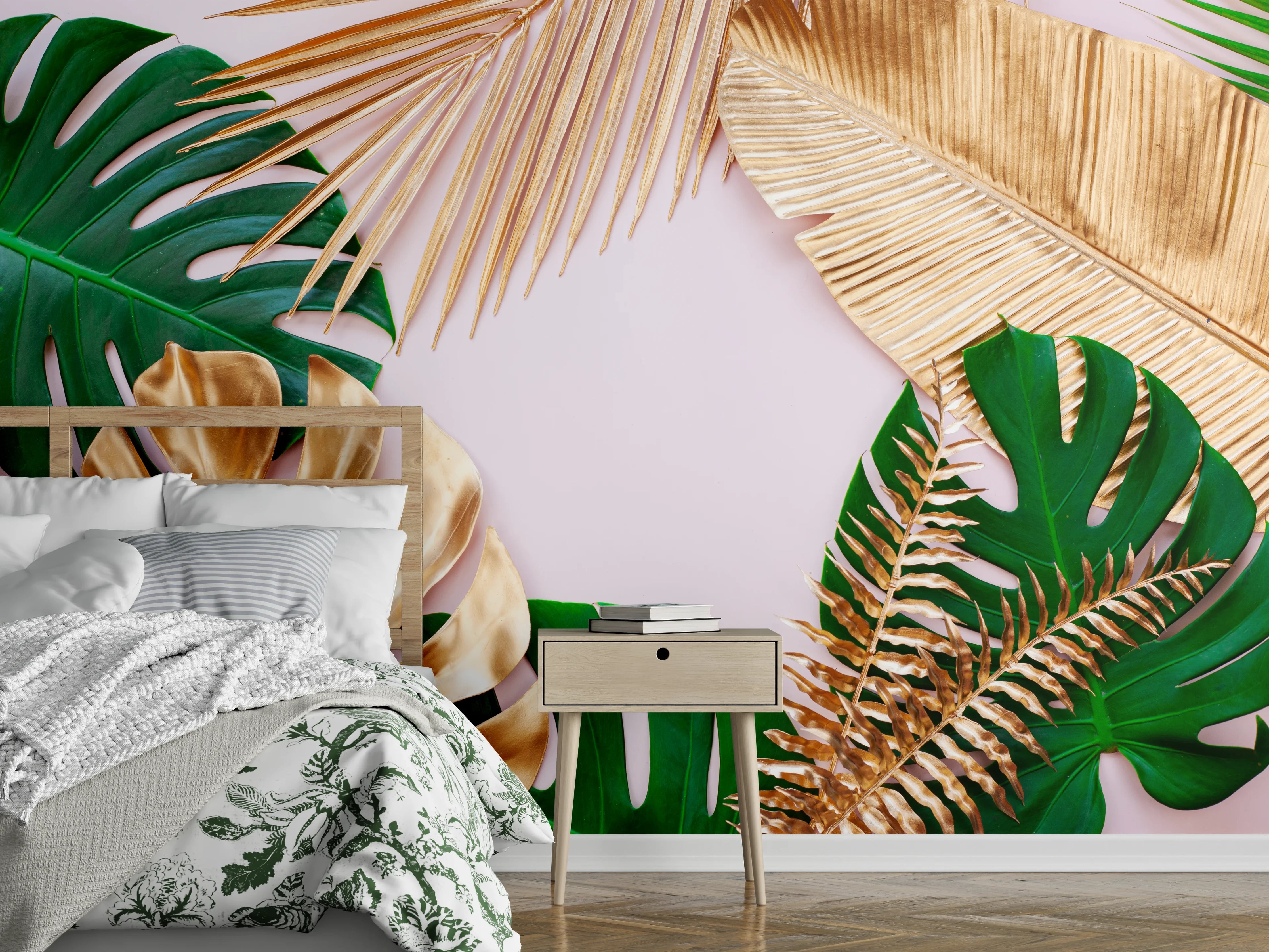 Wandverkleidung Schlafzimmer - Goldene und grüne Blätter-Deko