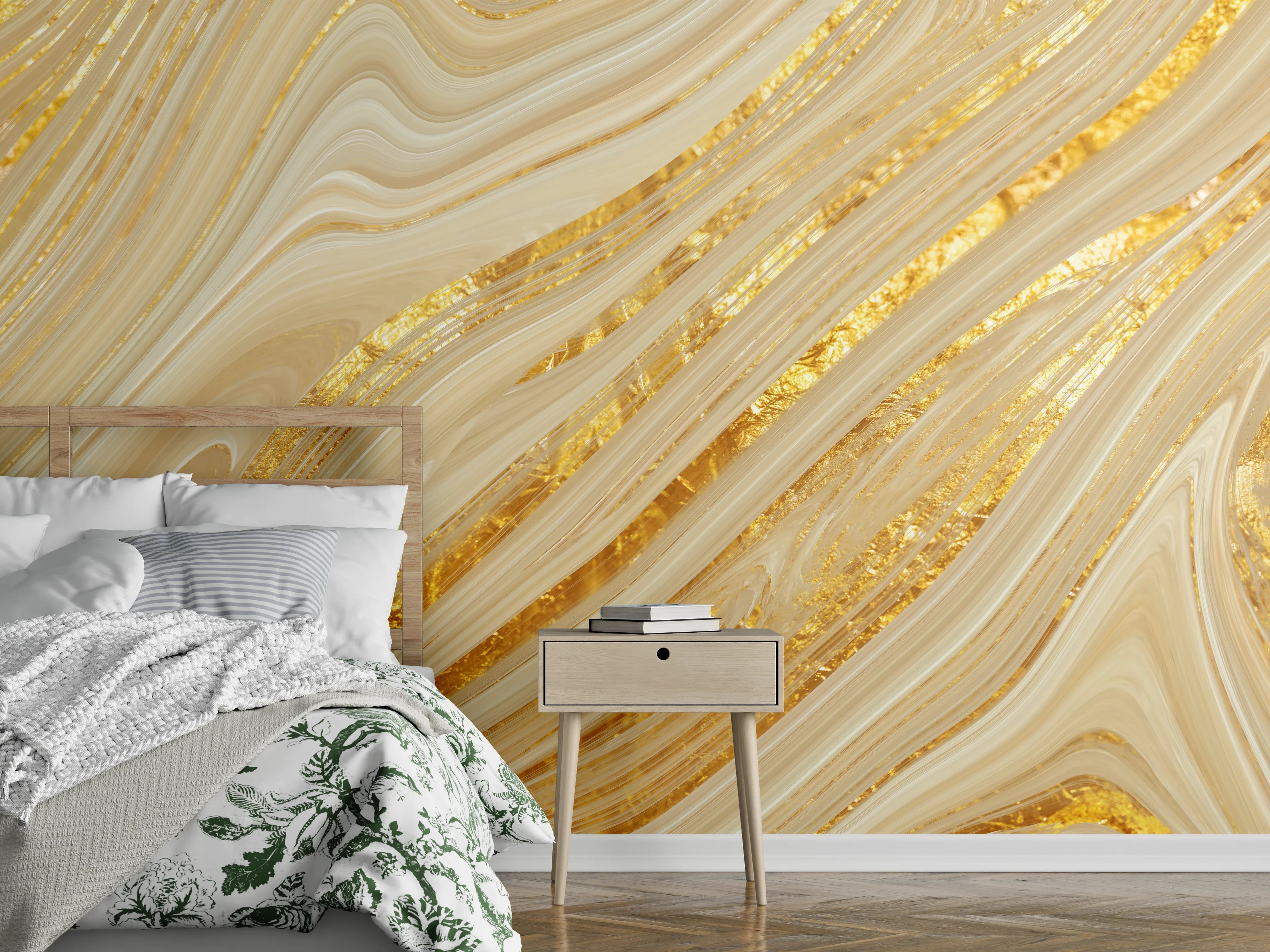 Wandverkleidung Schlafzimmer - Goldene wellenförmige Marmorierung