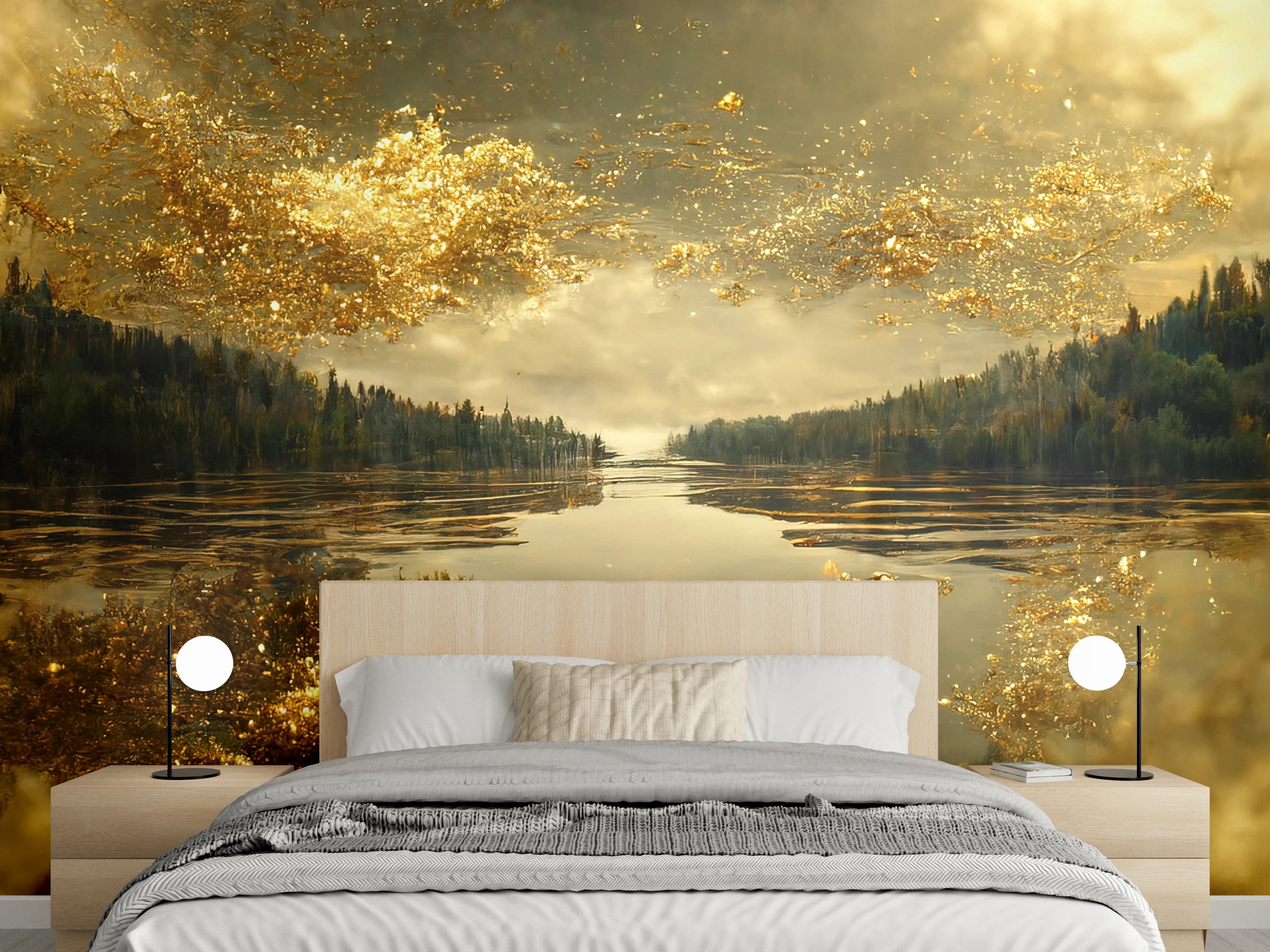 Wandverkleidung Schlafzimmer - Goldener See im Sonnenuntergang