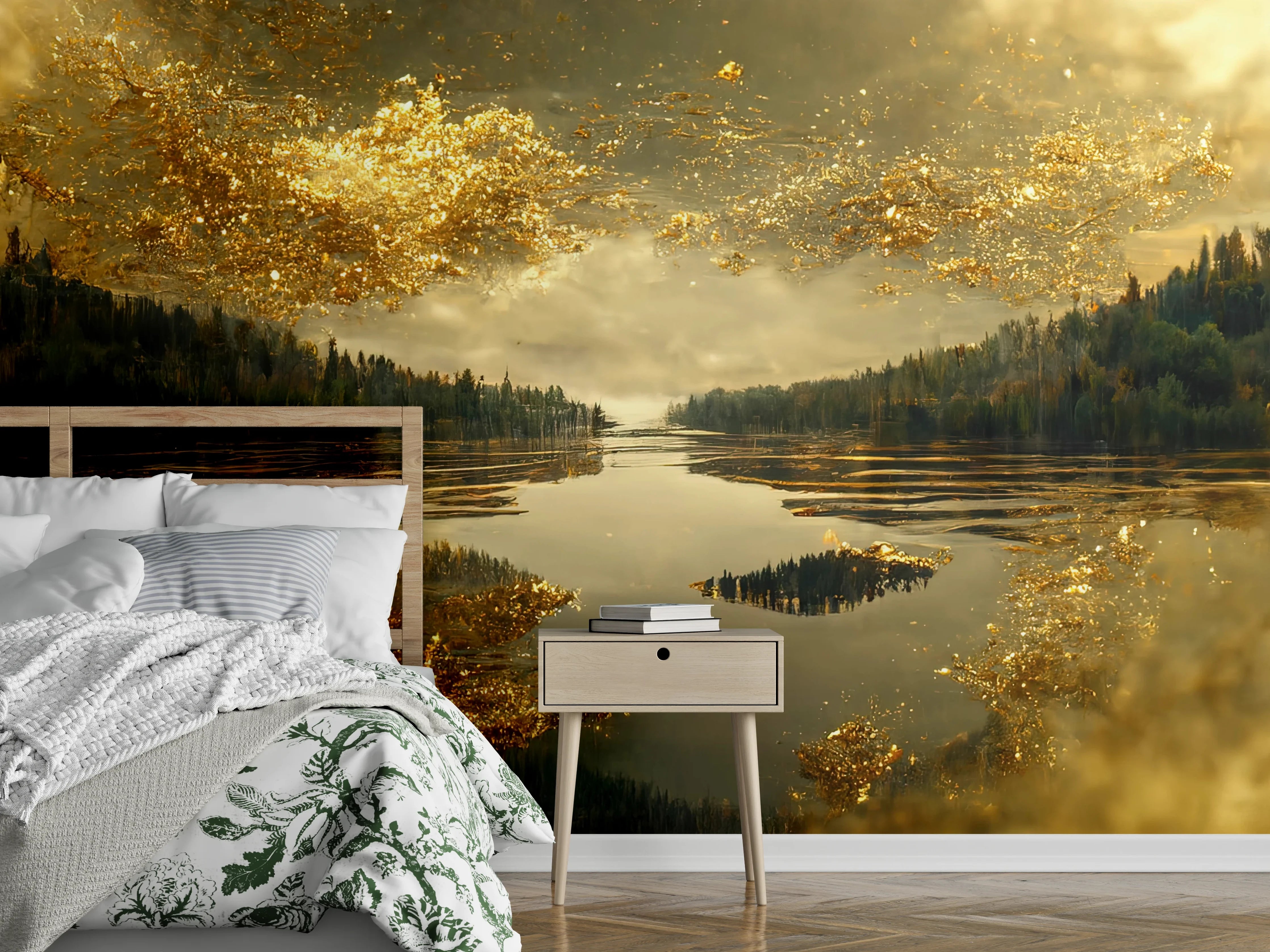 Wandverkleidung Schlafzimmer - Goldener See im Sonnenuntergang