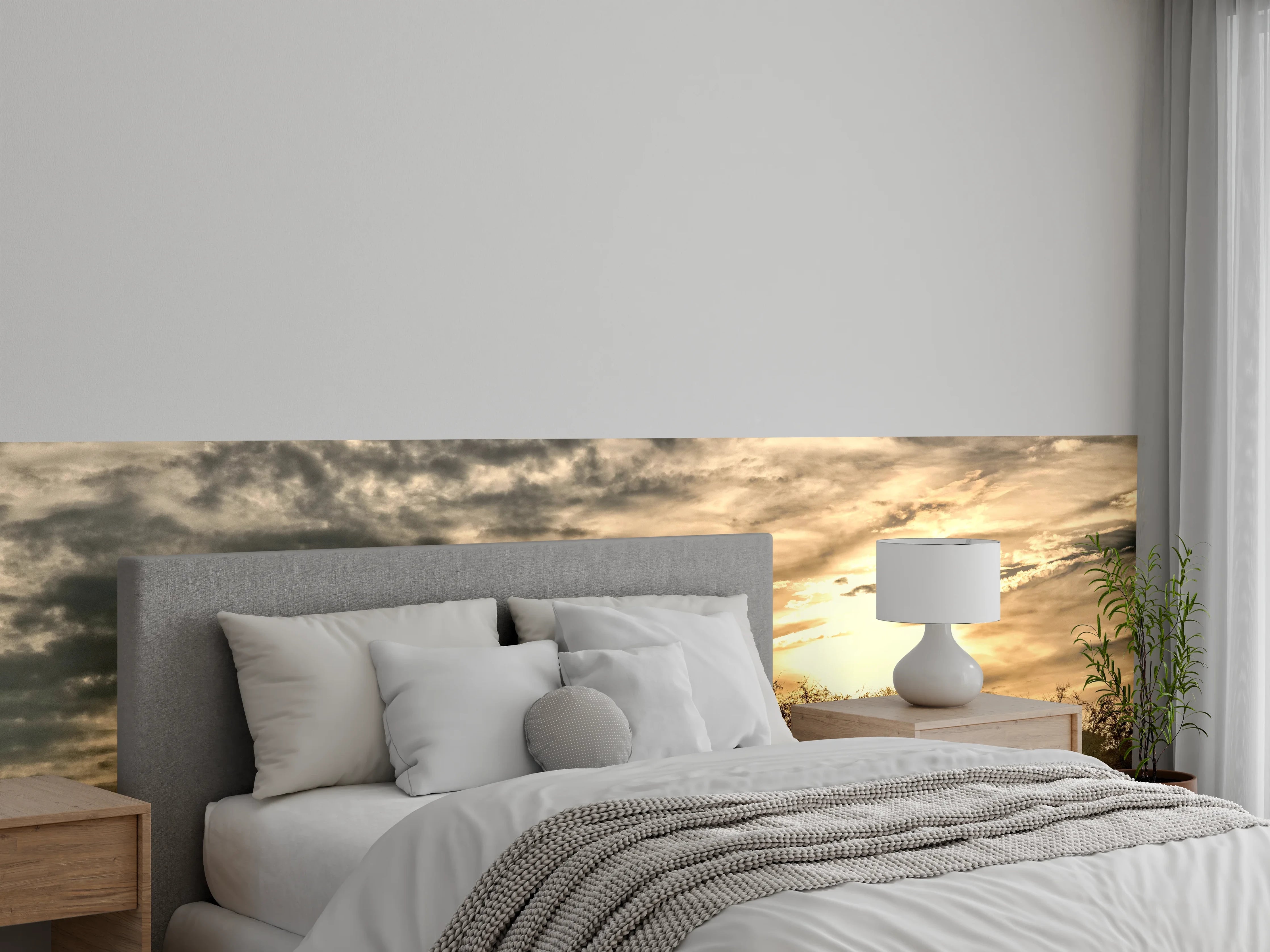 Wandverkleidung Schlafzimmer - Goldener Sonnenuntergang über grüner Landschaft