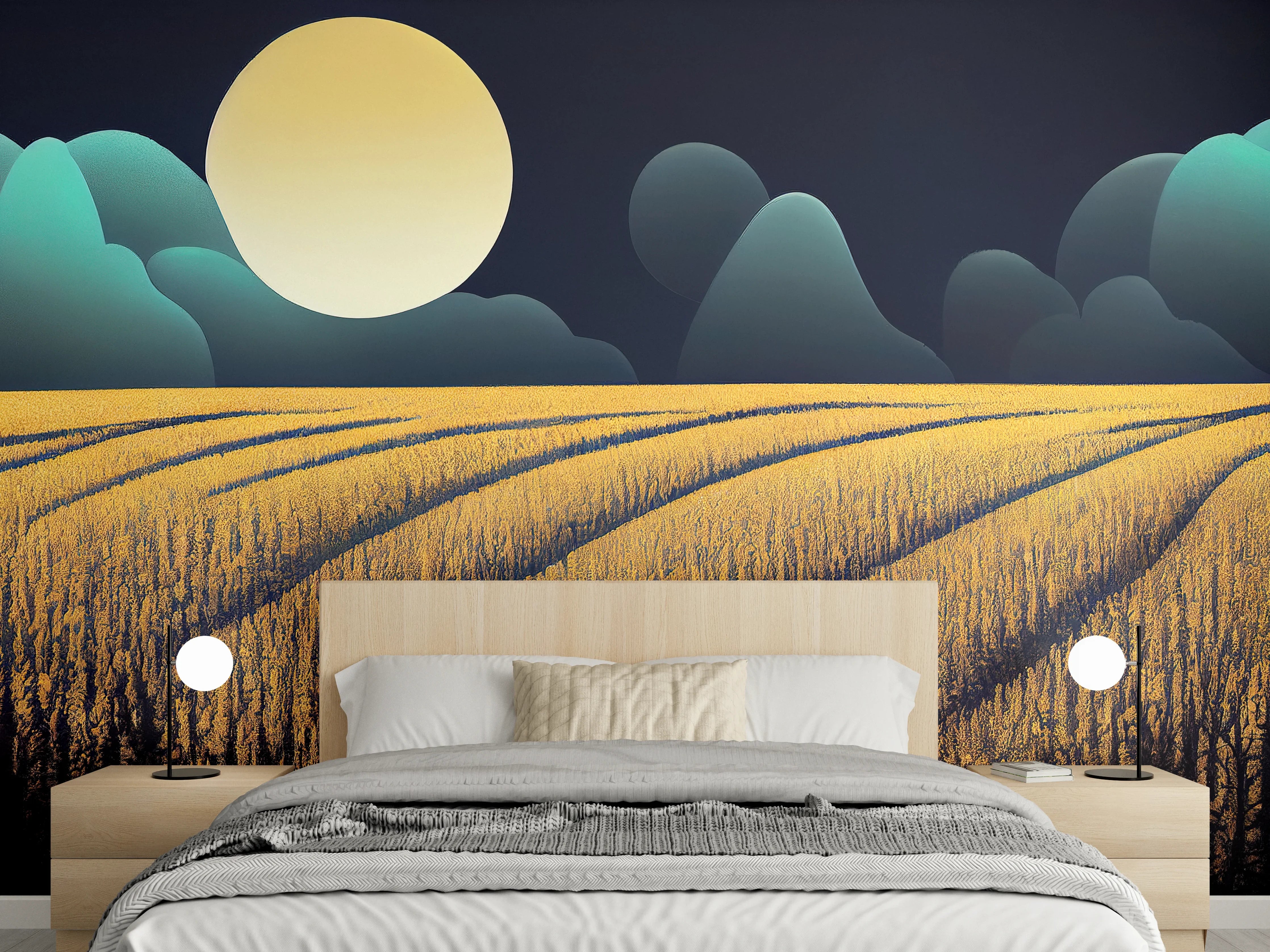 Wandverkleidung Schlafzimmer - Goldenes Feld bei Vollmond Nacht
