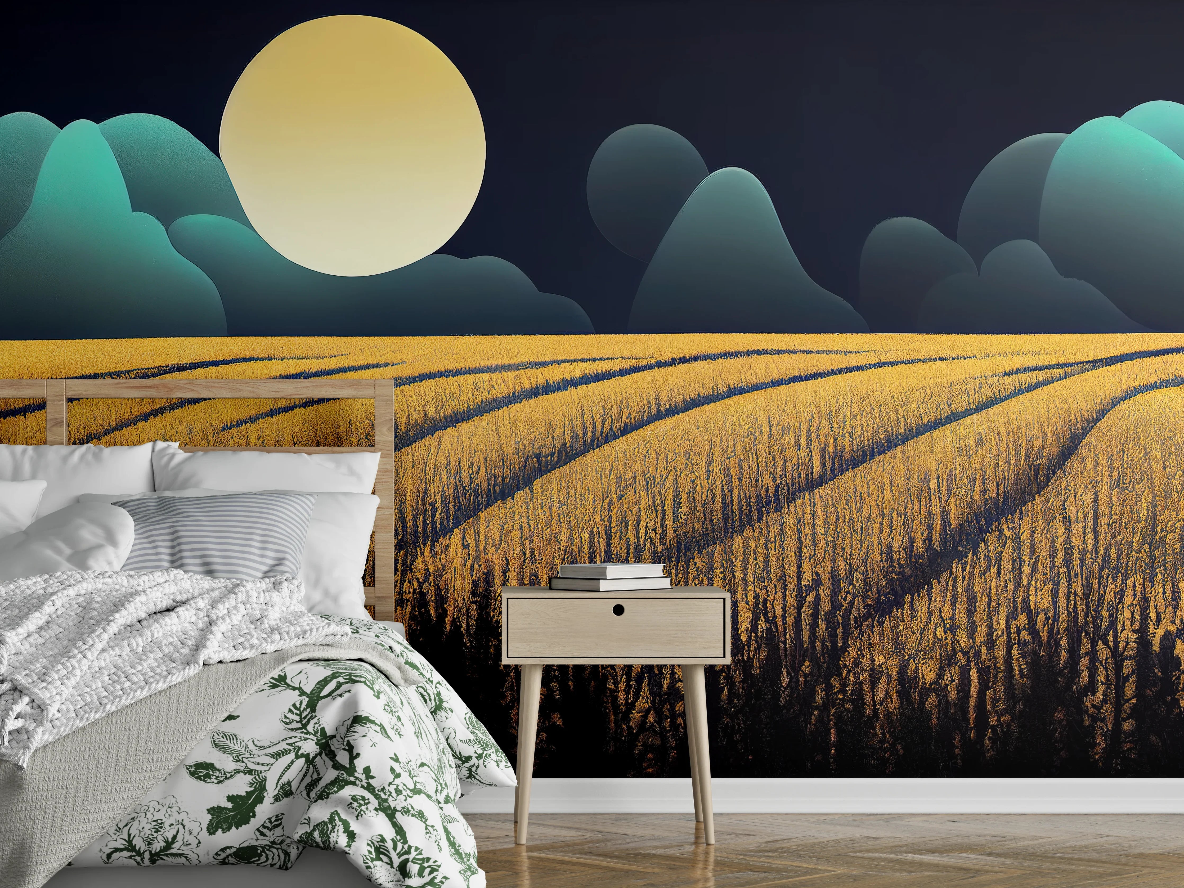 Wandverkleidung Schlafzimmer - Goldenes Feld bei Vollmond Nacht