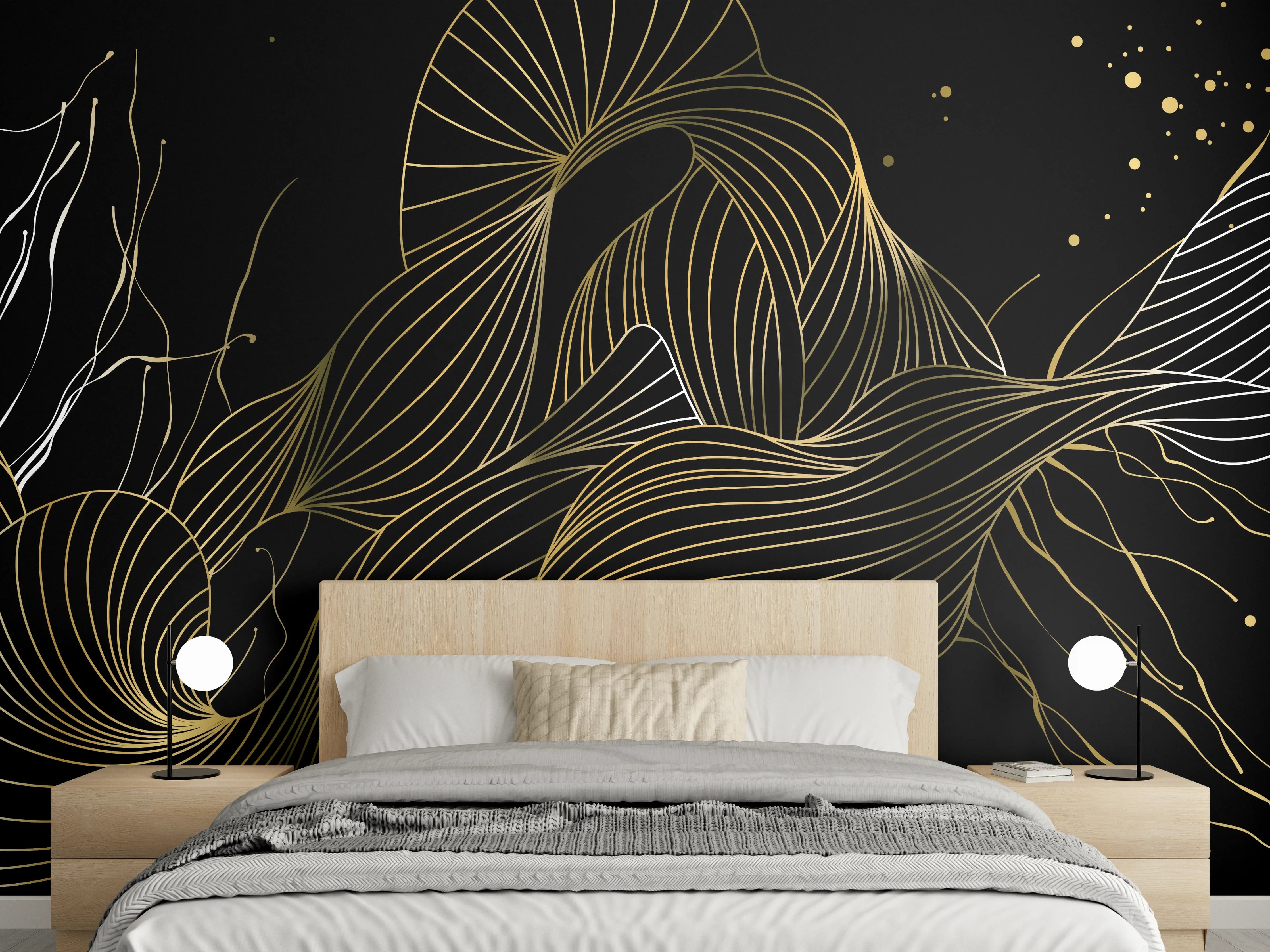 Wandverkleidung Schlafzimmer - Goldenes Linienmuster auf Schwarz