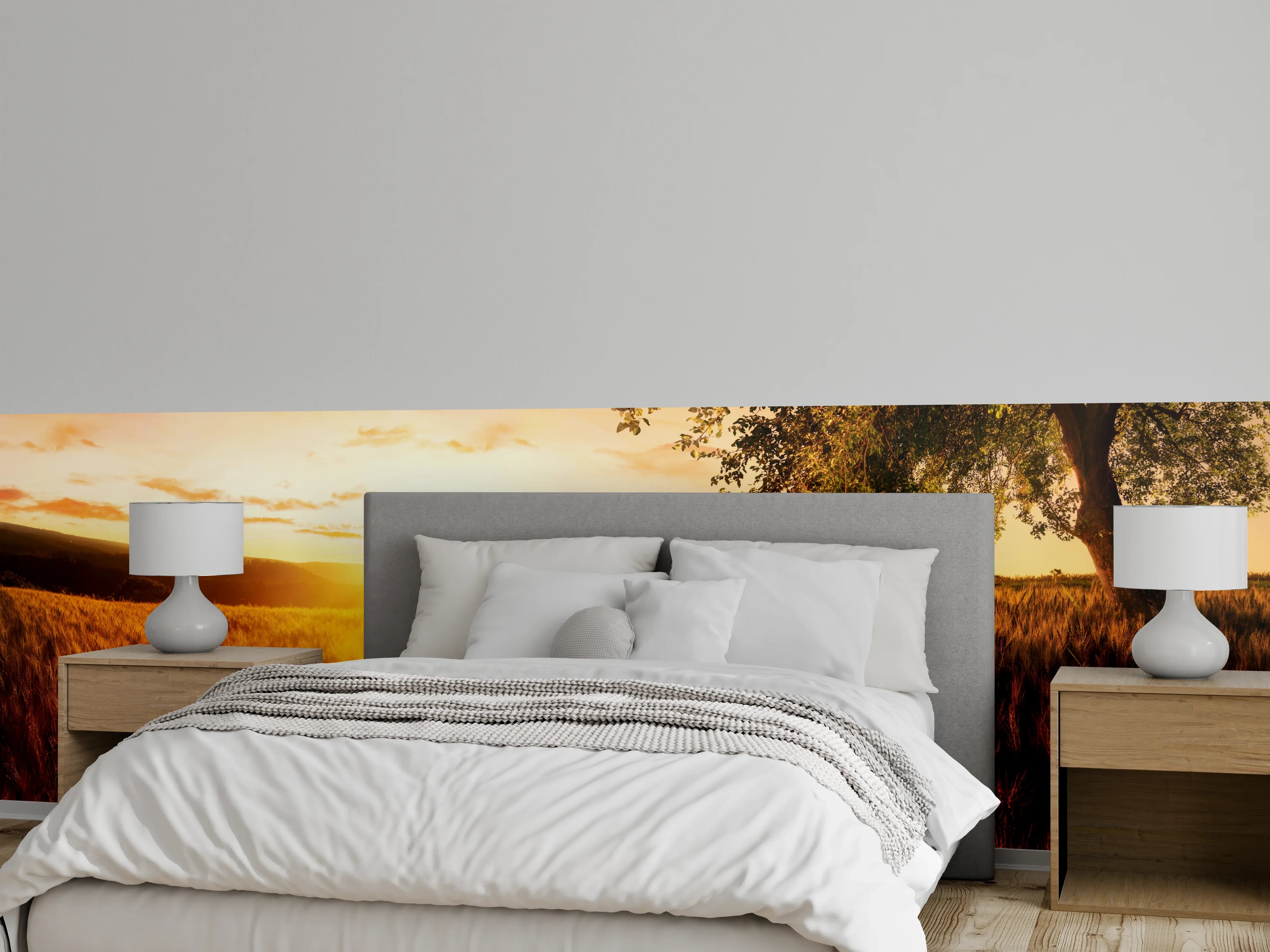 Wandverkleidung Schlafzimmer - Goldenes Sonnenuntergangsfeld mit Baum