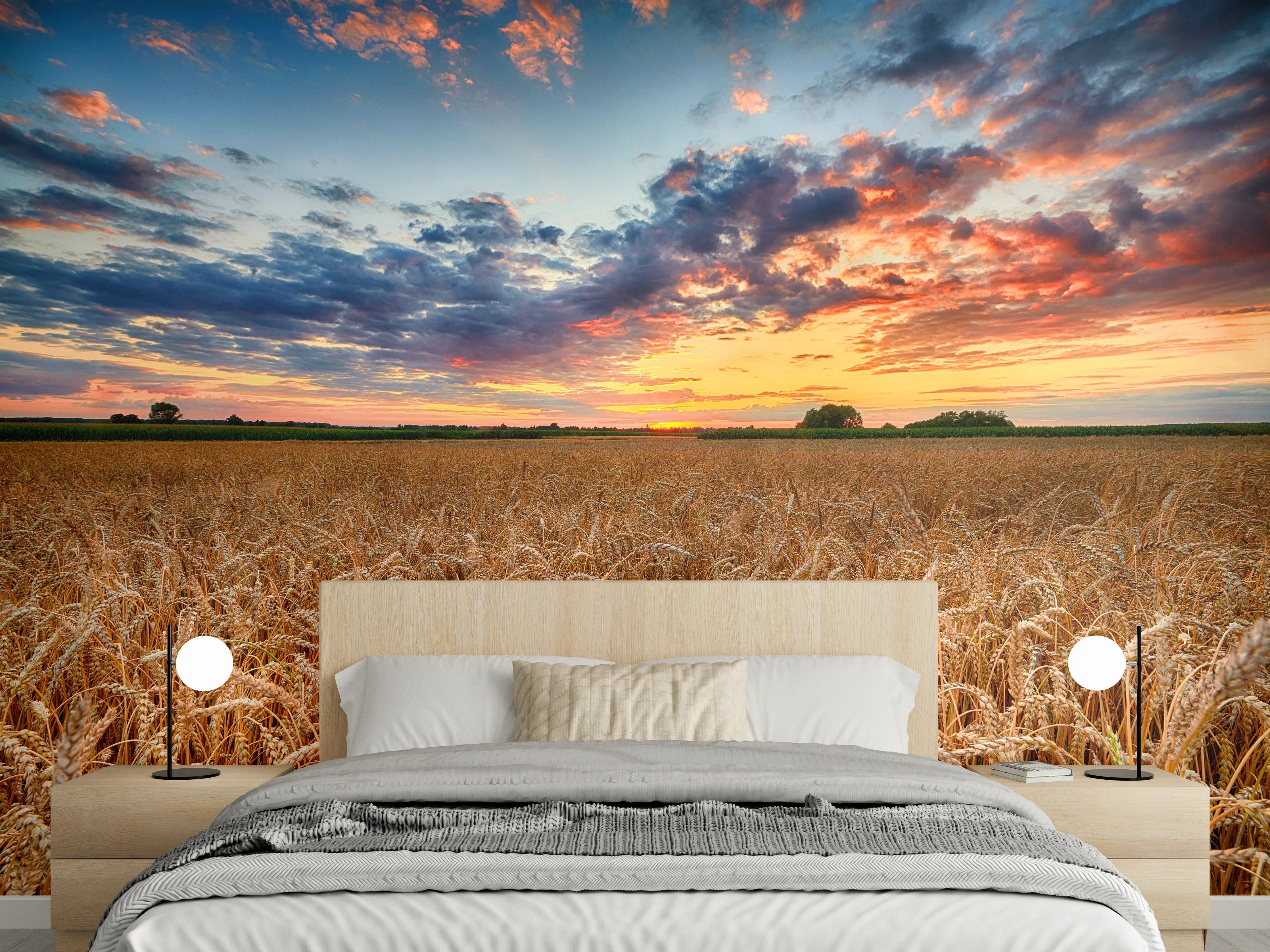 Wandverkleidung Schlafzimmer - Goldenes Weizenfeld im Abendlicht