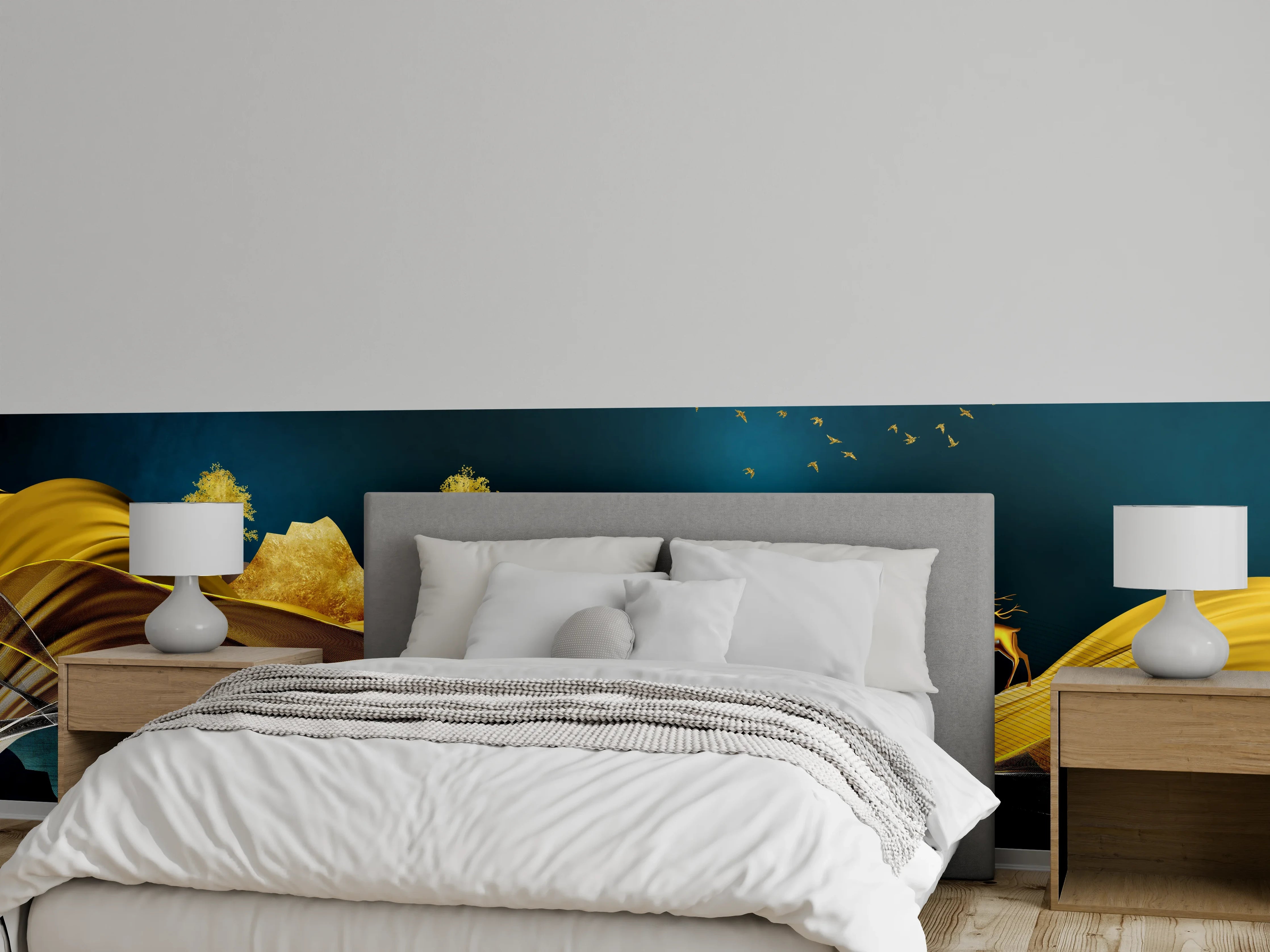 Wandverkleidung Schlafzimmer - Goldenes Wellendesign - 3D 