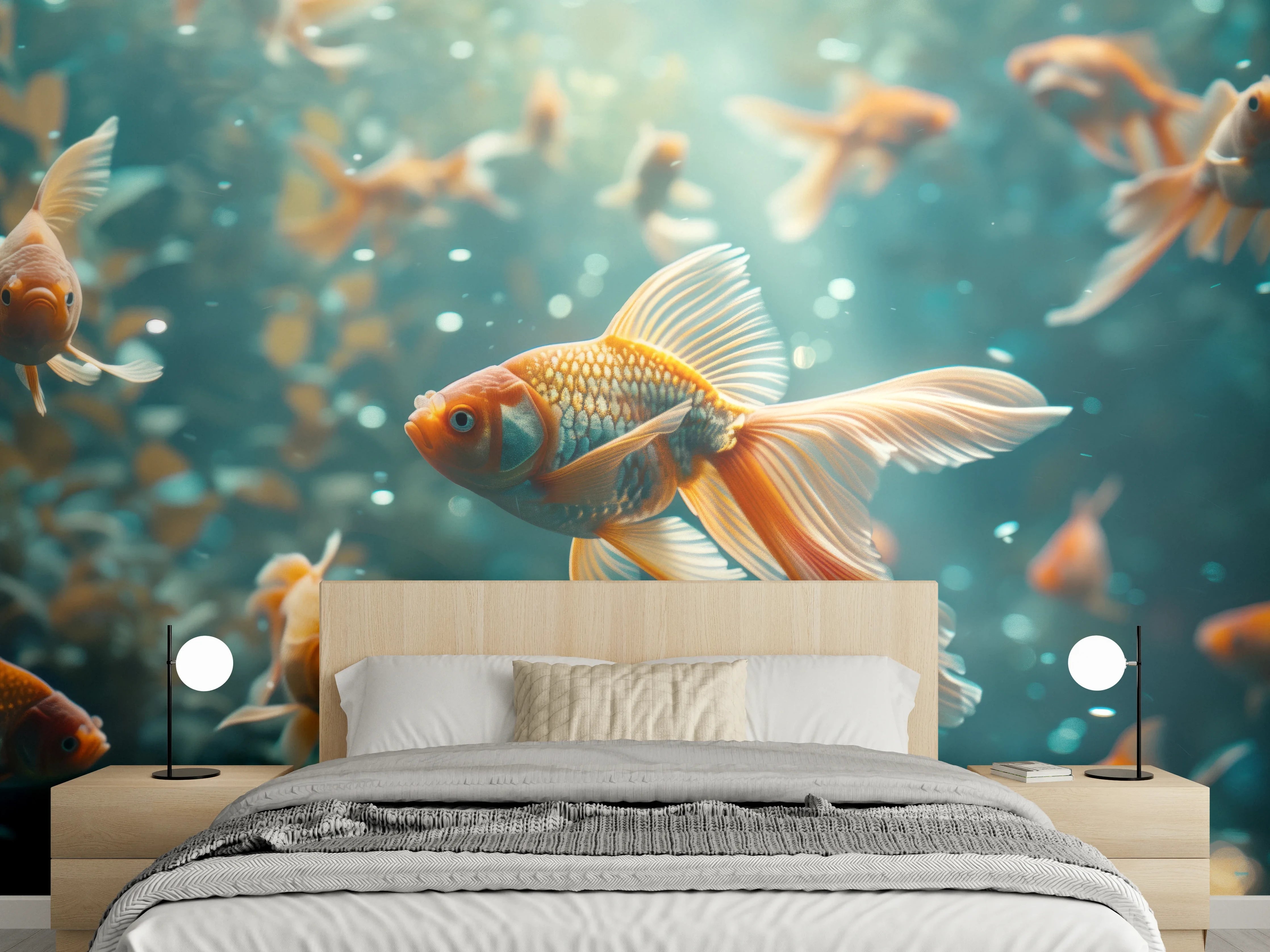 Wandverkleidung Schlafzimmer - Goldfische Türkis-Orange