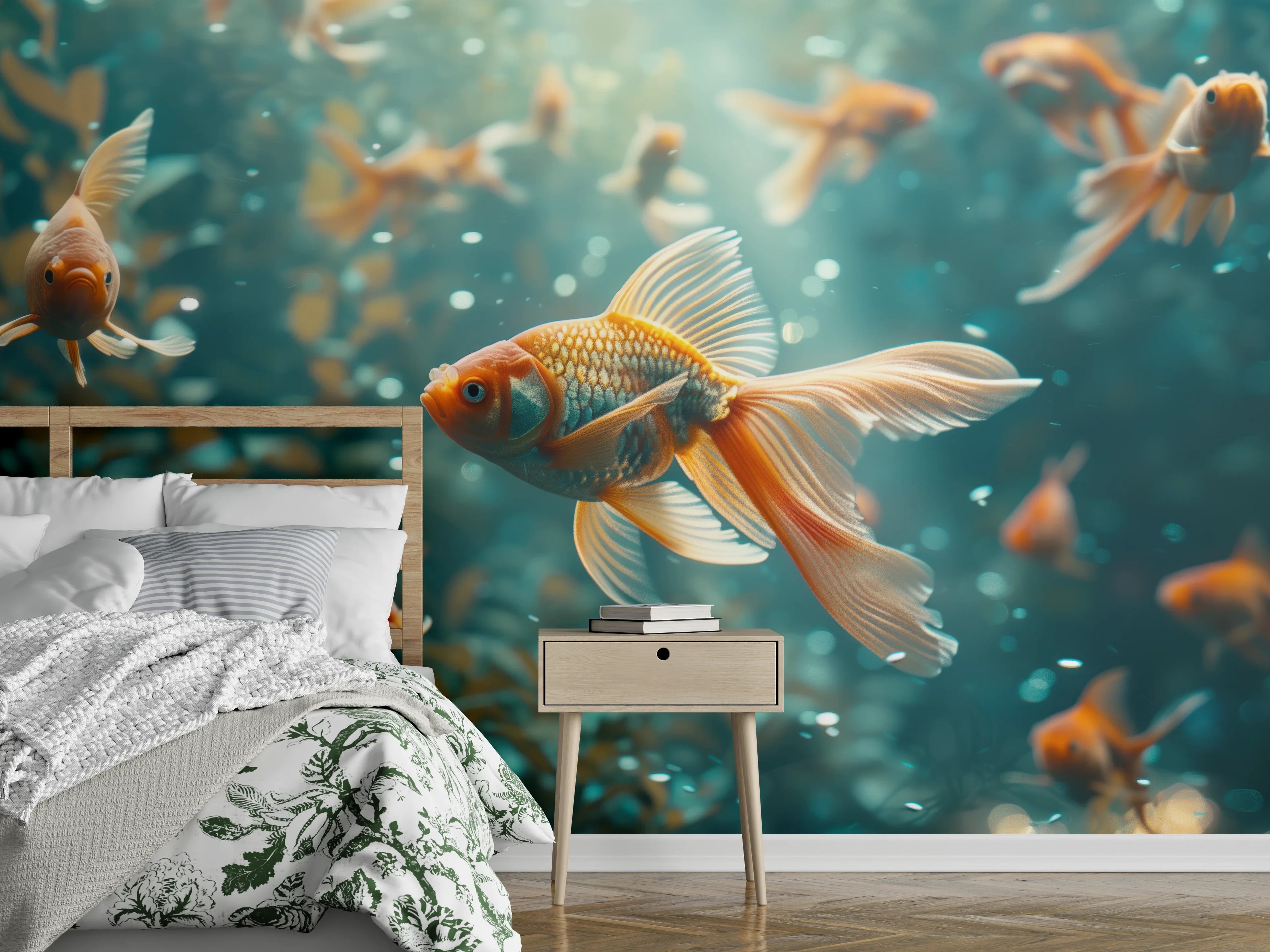 Wandverkleidung Schlafzimmer - Goldfische Türkis-Orange