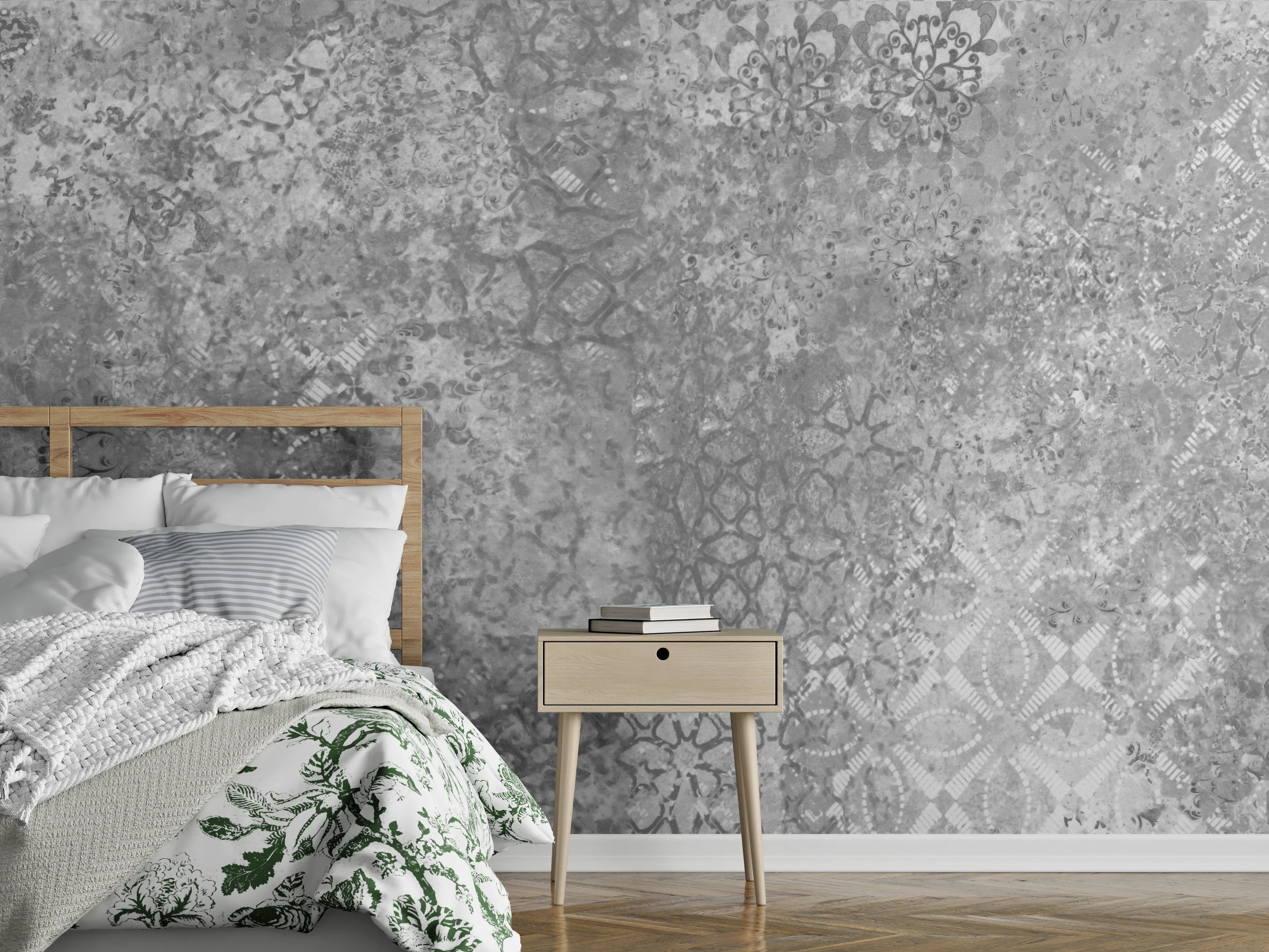Wandverkleidung Schlafzimmer - Gräuliche Patchwork Fliesen