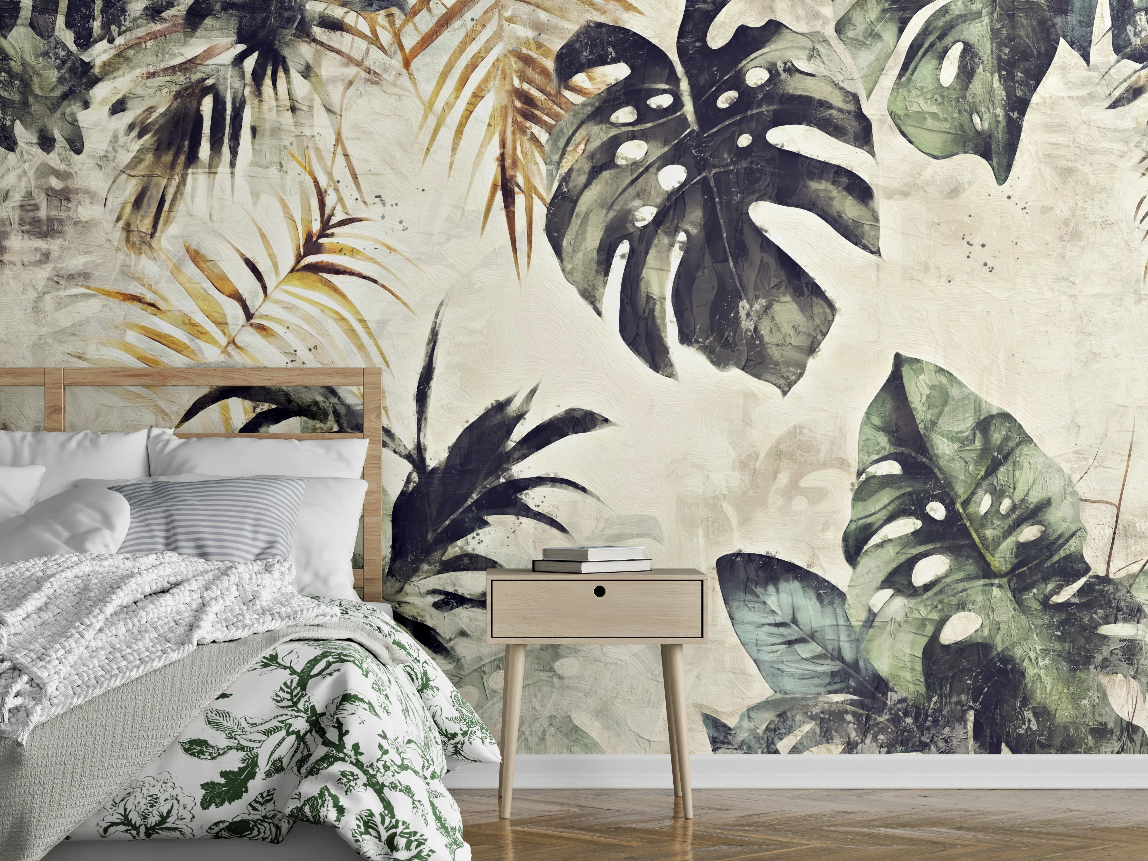 Wandverkleidung Schlafzimmer - Gräuliche Pflanzen Floral