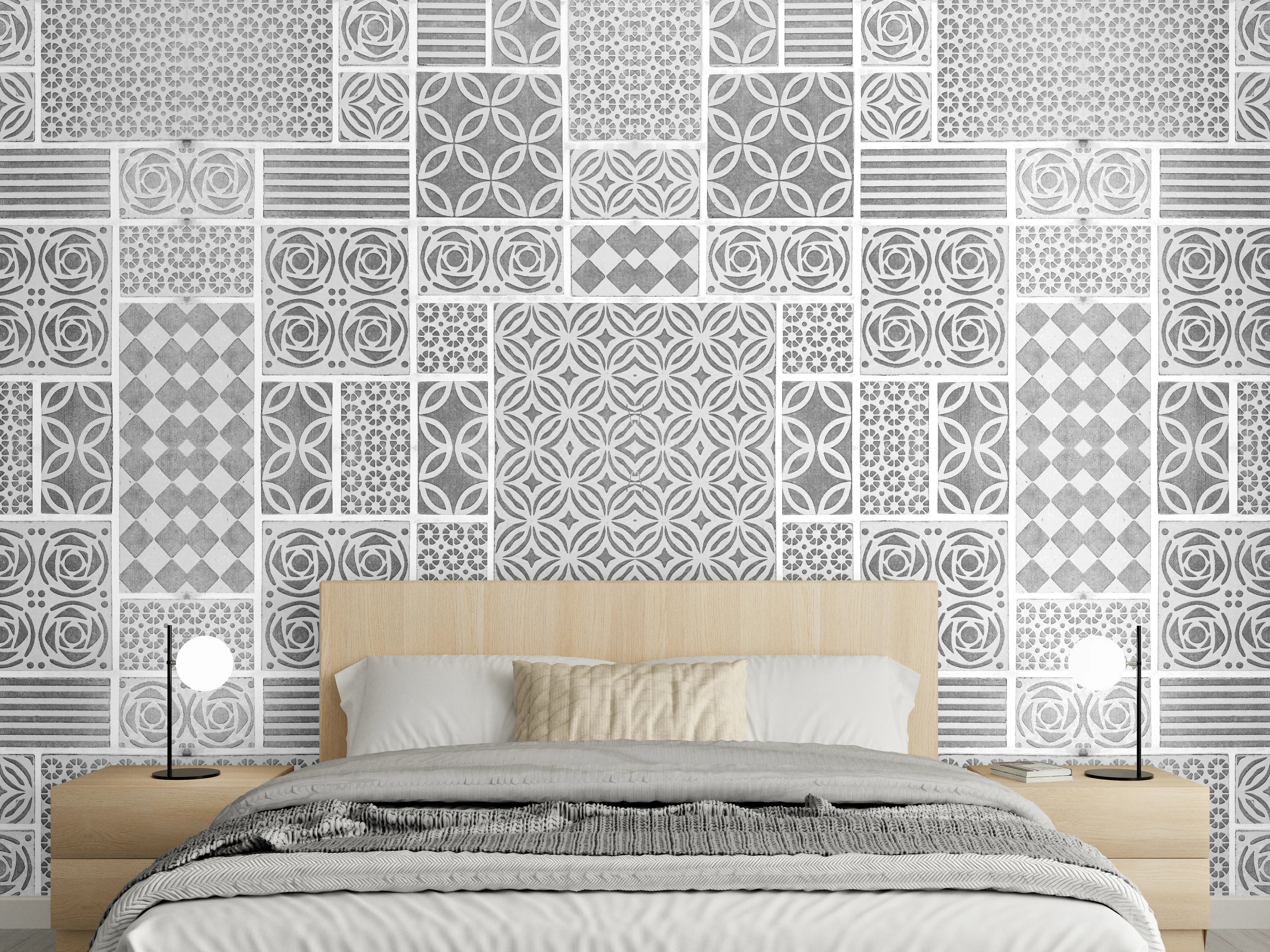 Wandverkleidung Schlafzimmer - Gräuliche geometrische Fliesen