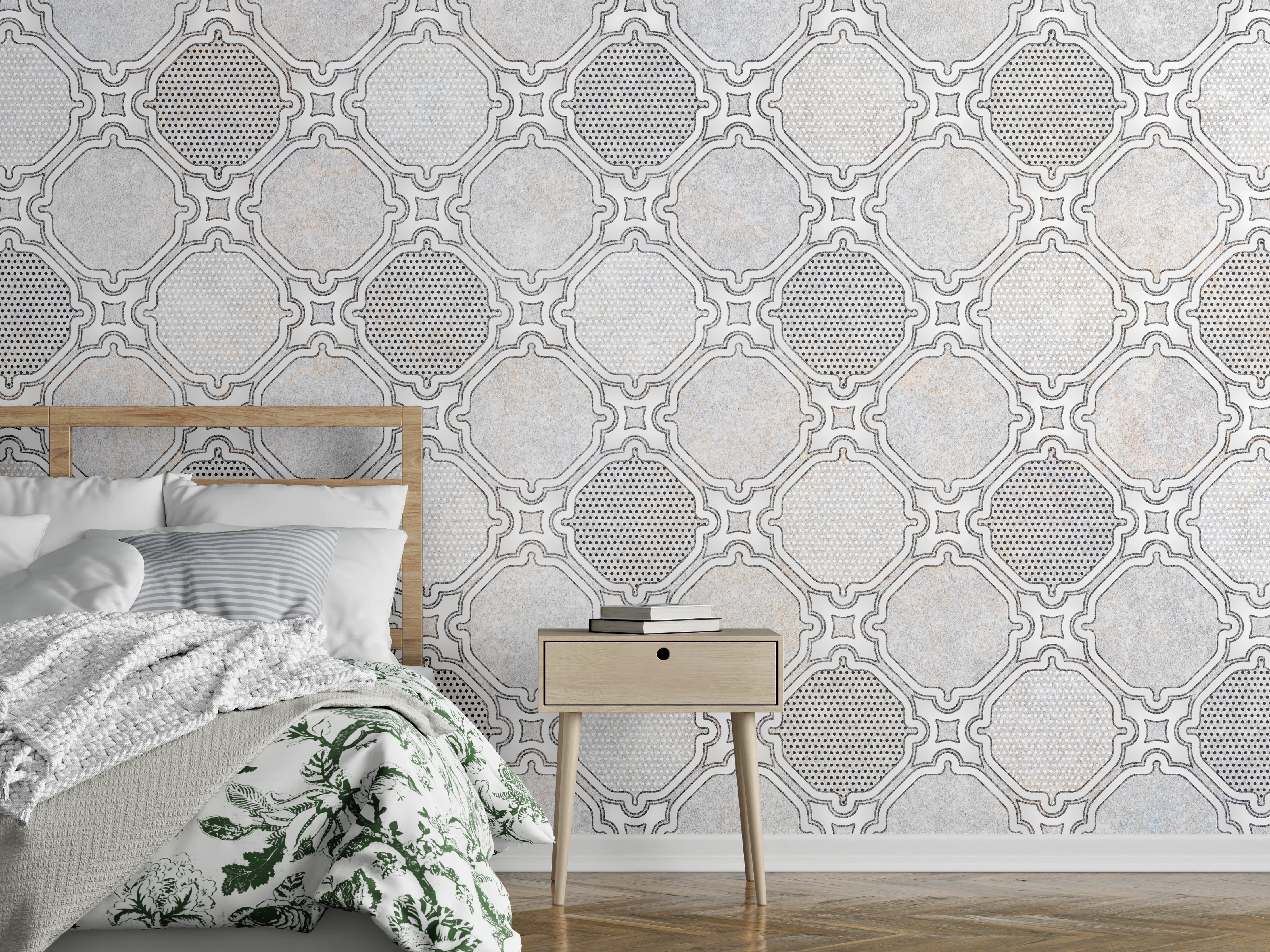 Wandverkleidung Schlafzimmer - Gräuliches Stoffmuster - Vintage