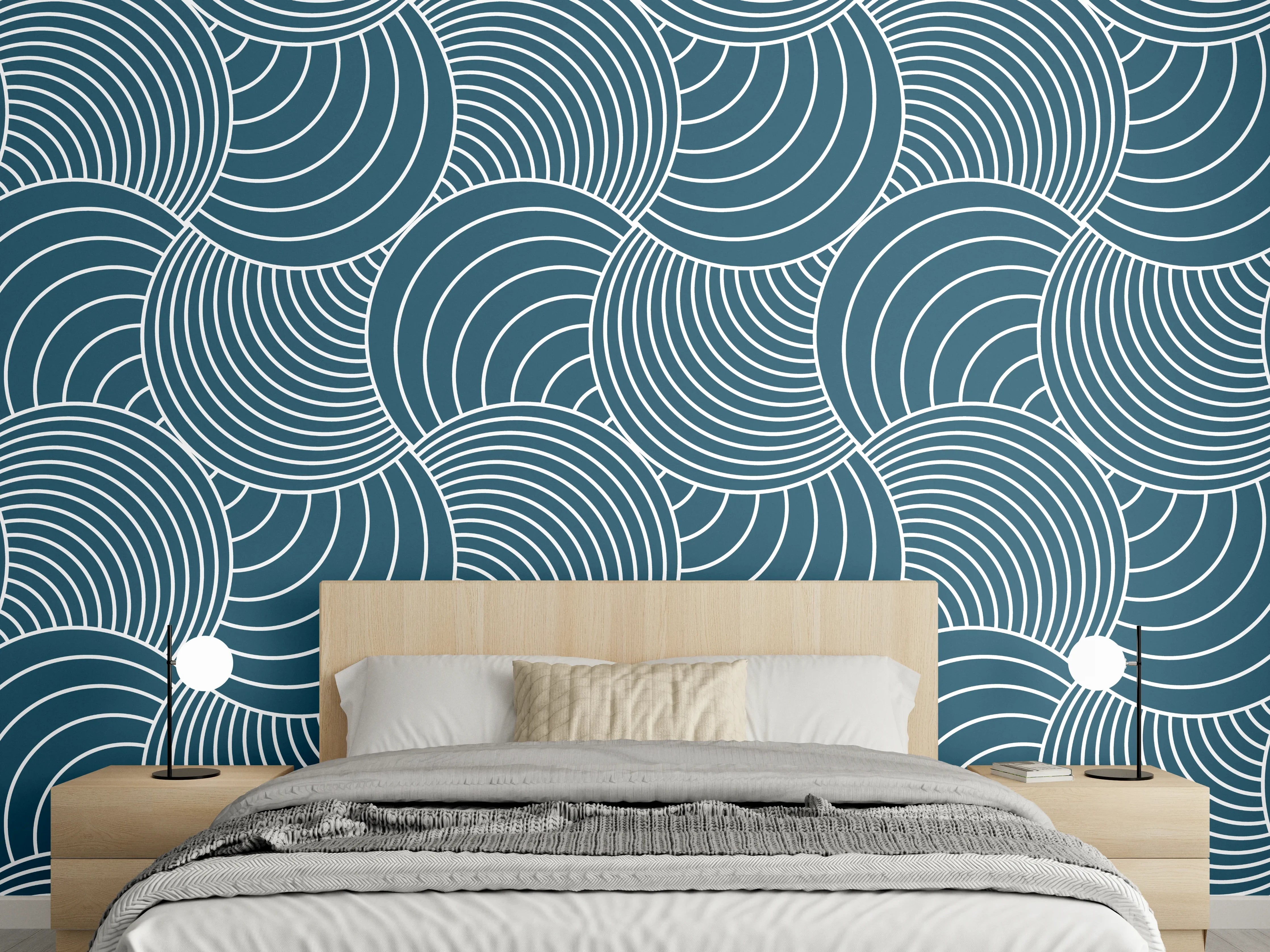 Wandverkleidung Schlafzimmer - Grafik Wellenmuster Blau Weiß Modern