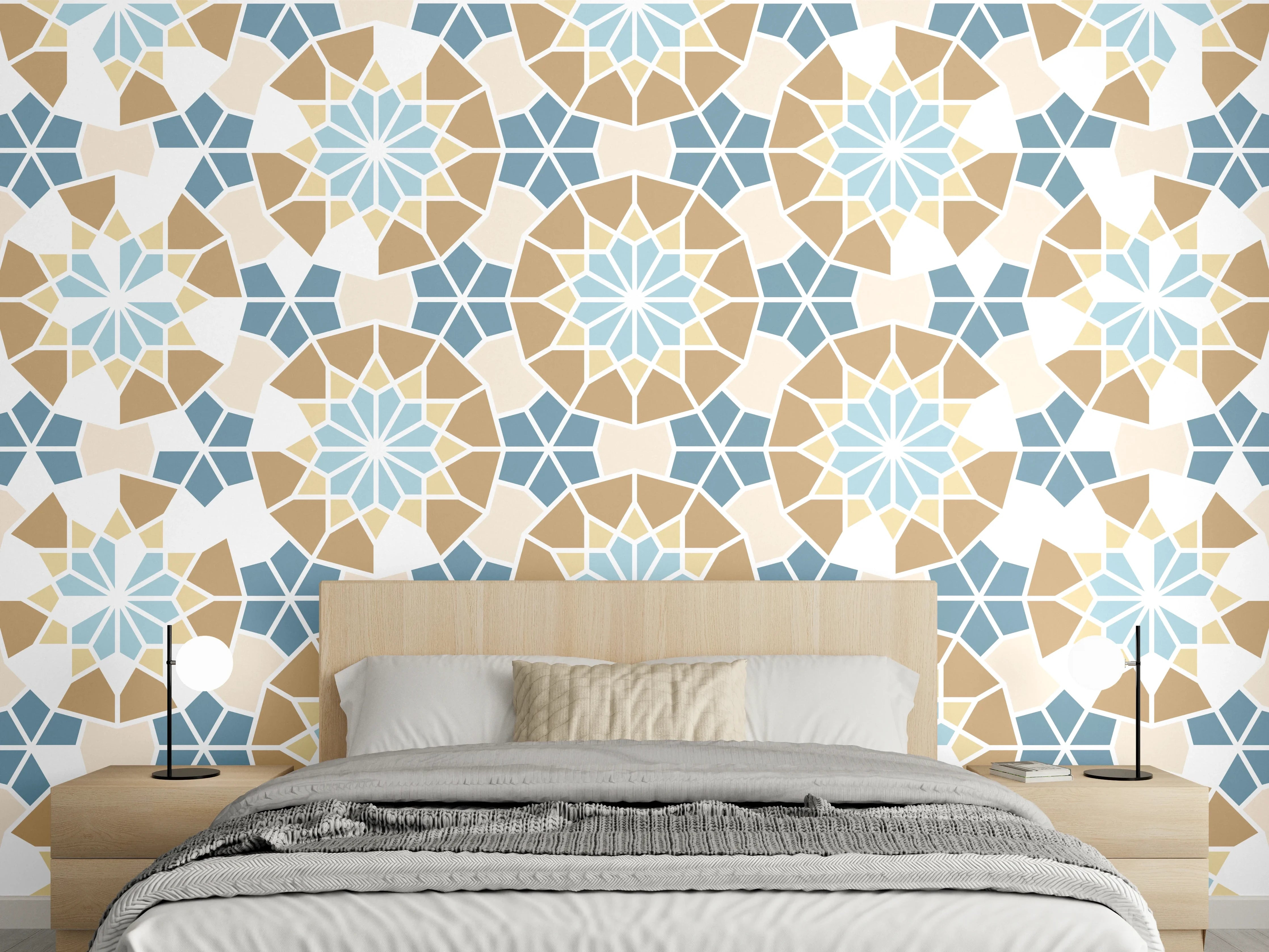 Wandverkleidung Schlafzimmer - Grafisches Blau Beige Muster