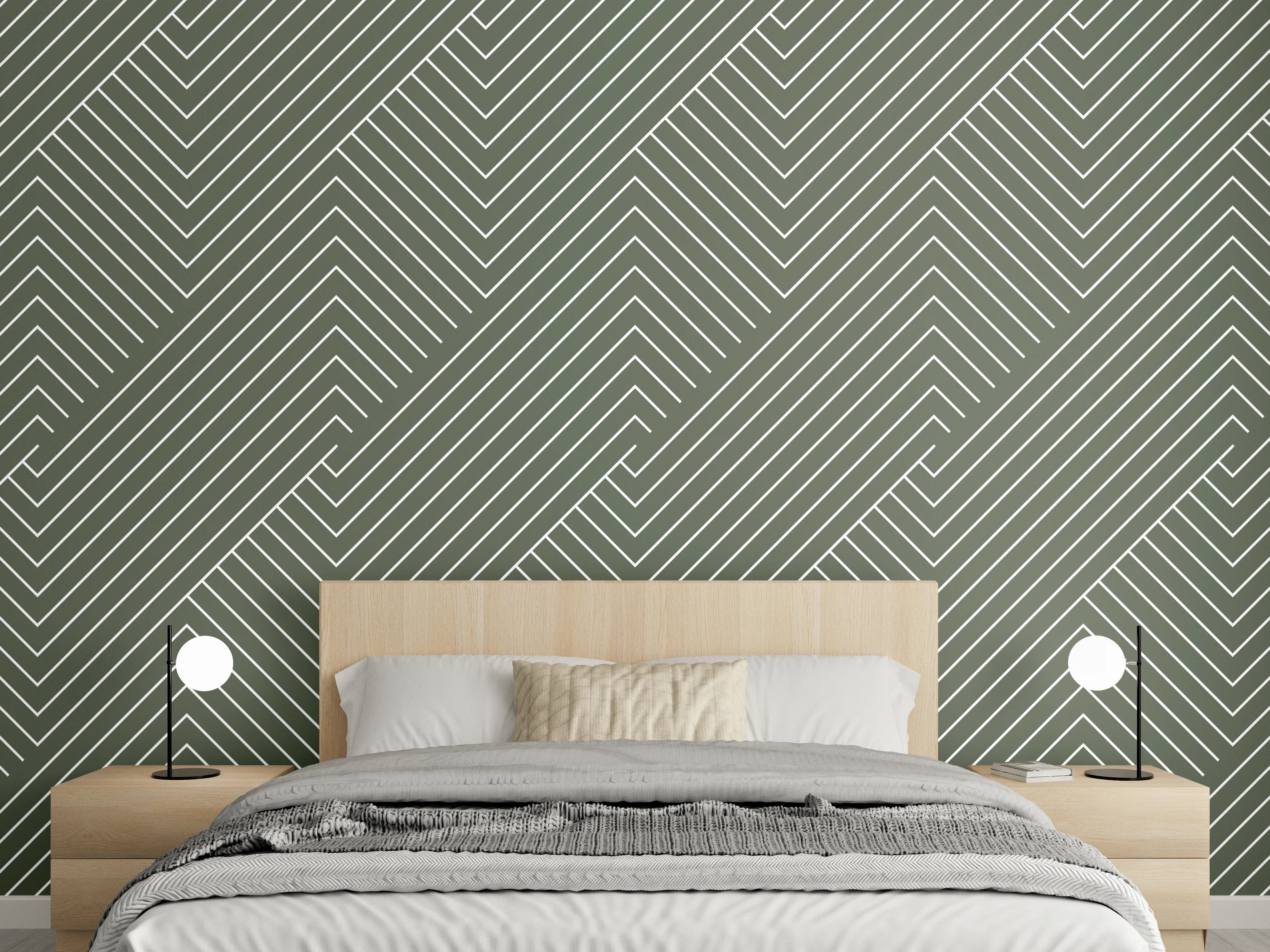 Wandverkleidung Schlafzimmer - Grafisches Muster in Dunkelgrün & Weiß