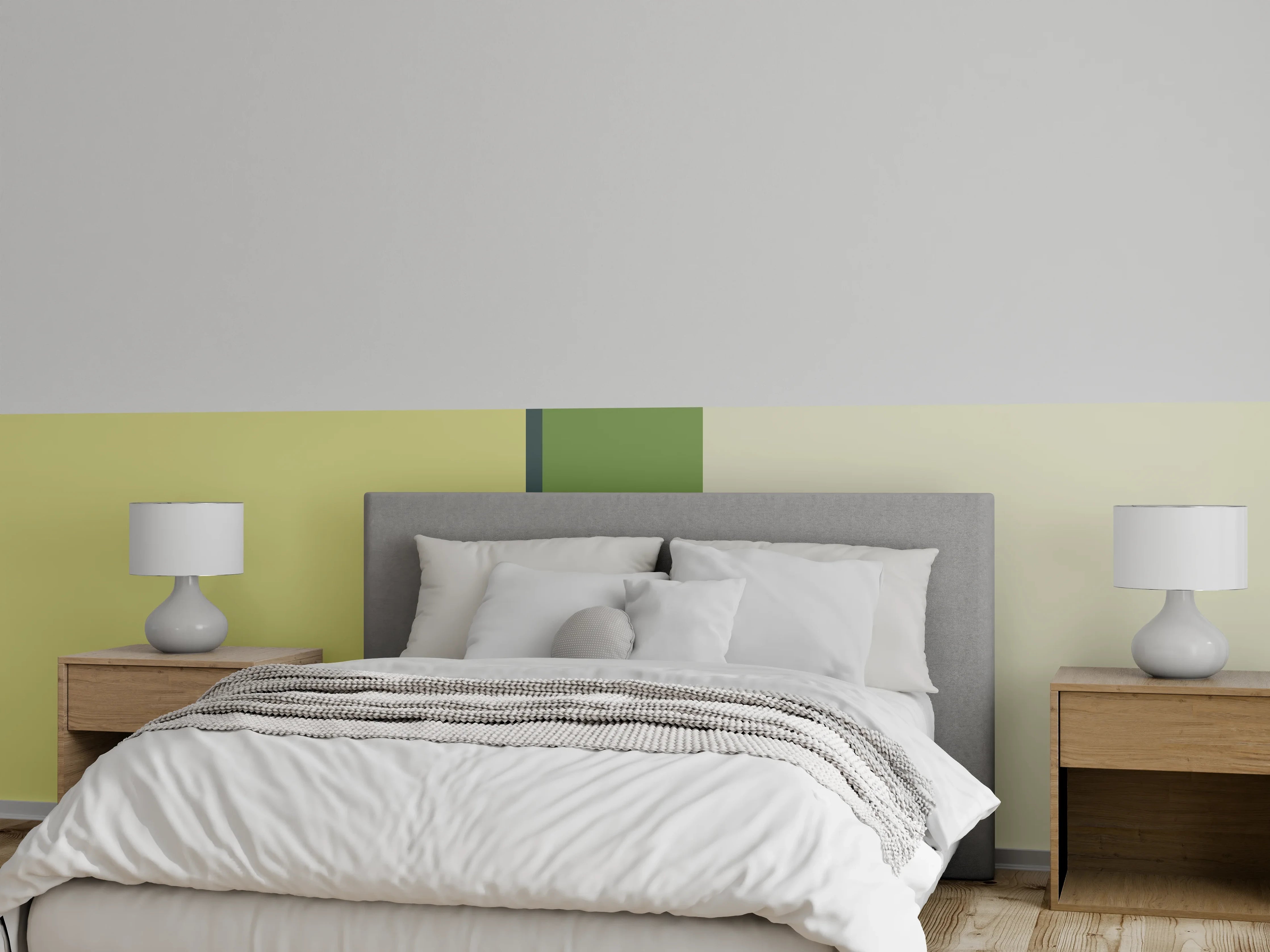 Wandverkleidung Schlafzimmer - Grafisches Streifenmuster in Grün und Gelb