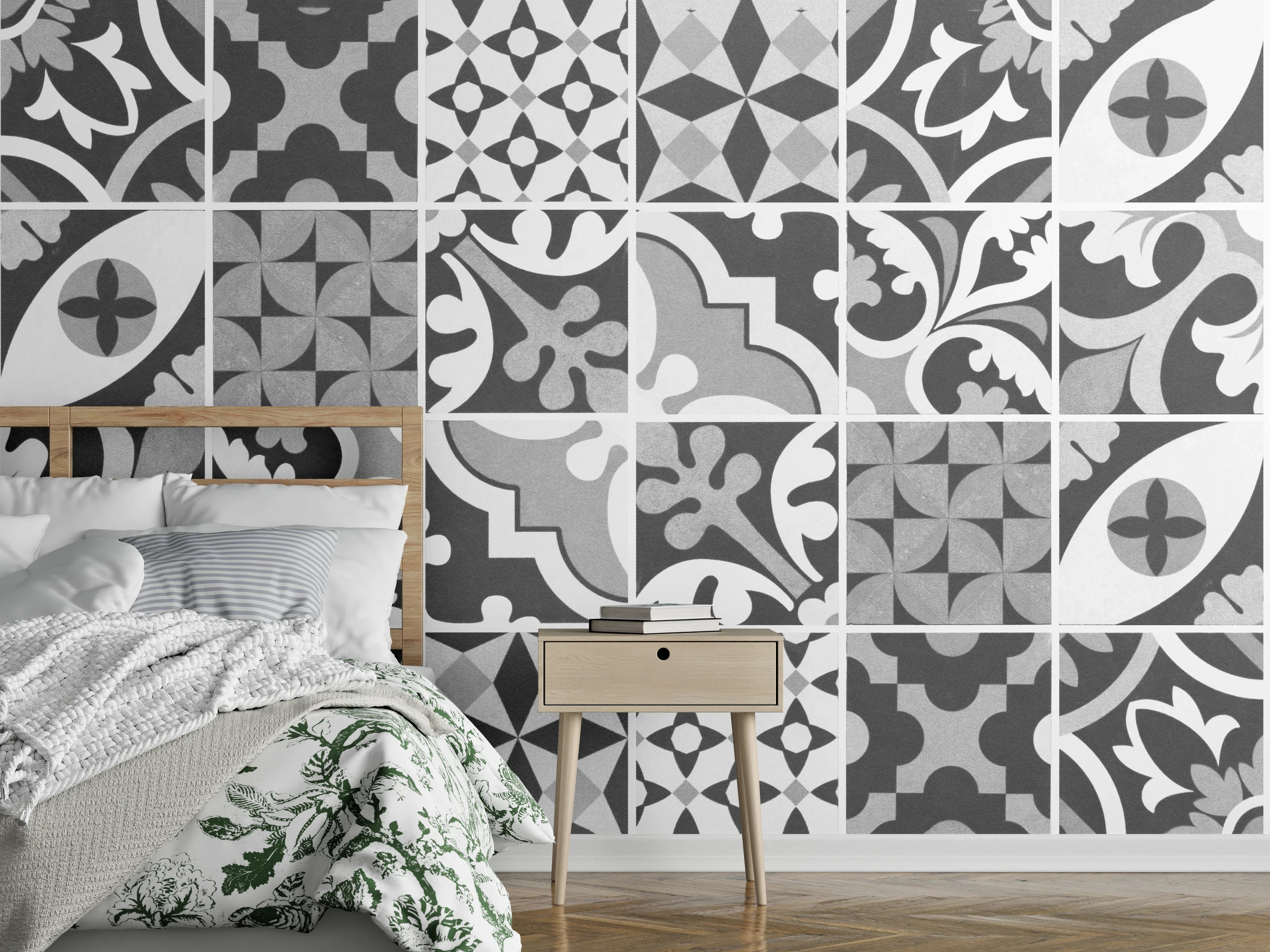 Wandverkleidung Schlafzimmer - Grau-Weiß Vintage Mosaik