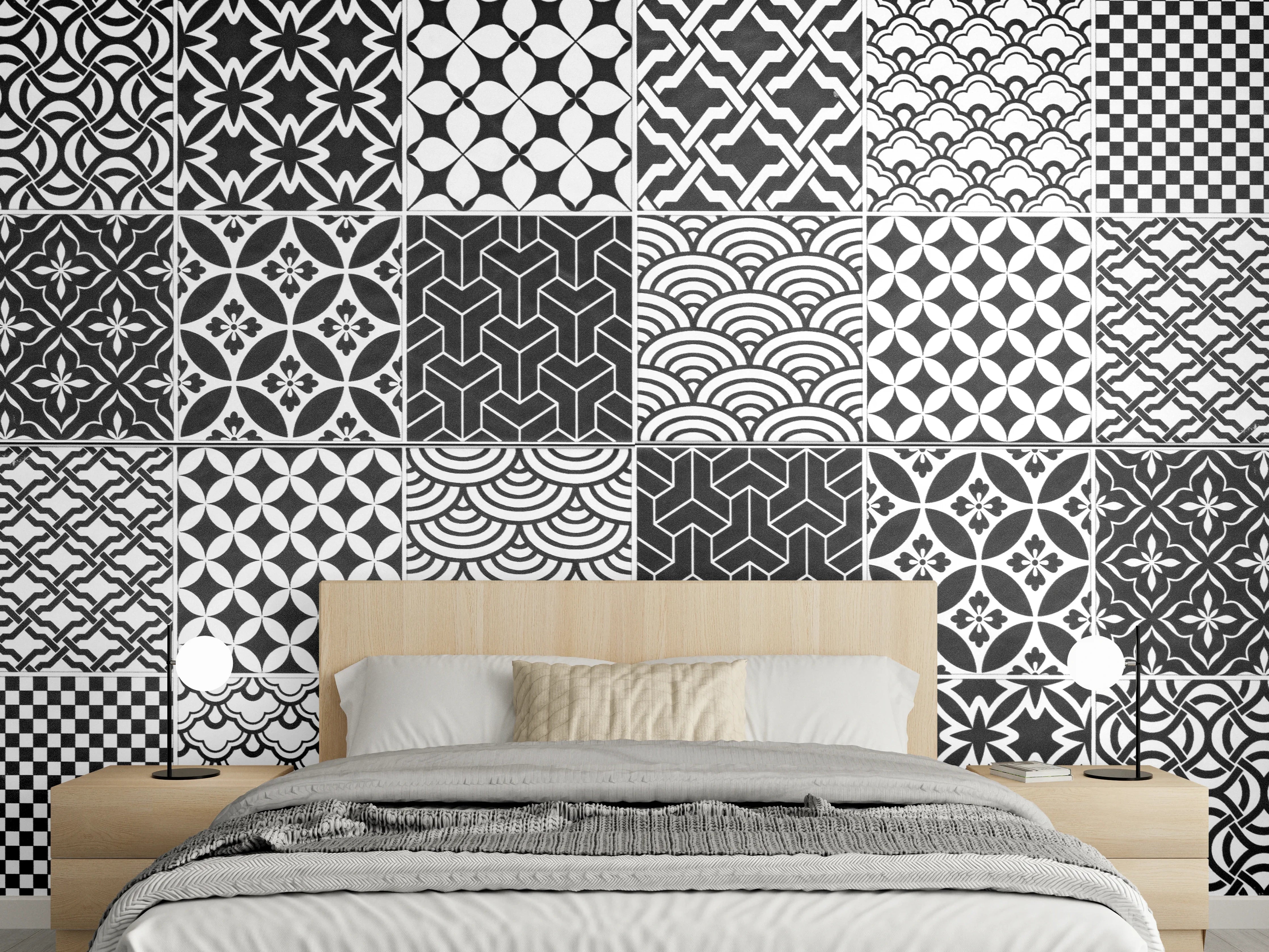 Wandverkleidung Schlafzimmer - Grau-Weiß geometrisch Mosaik