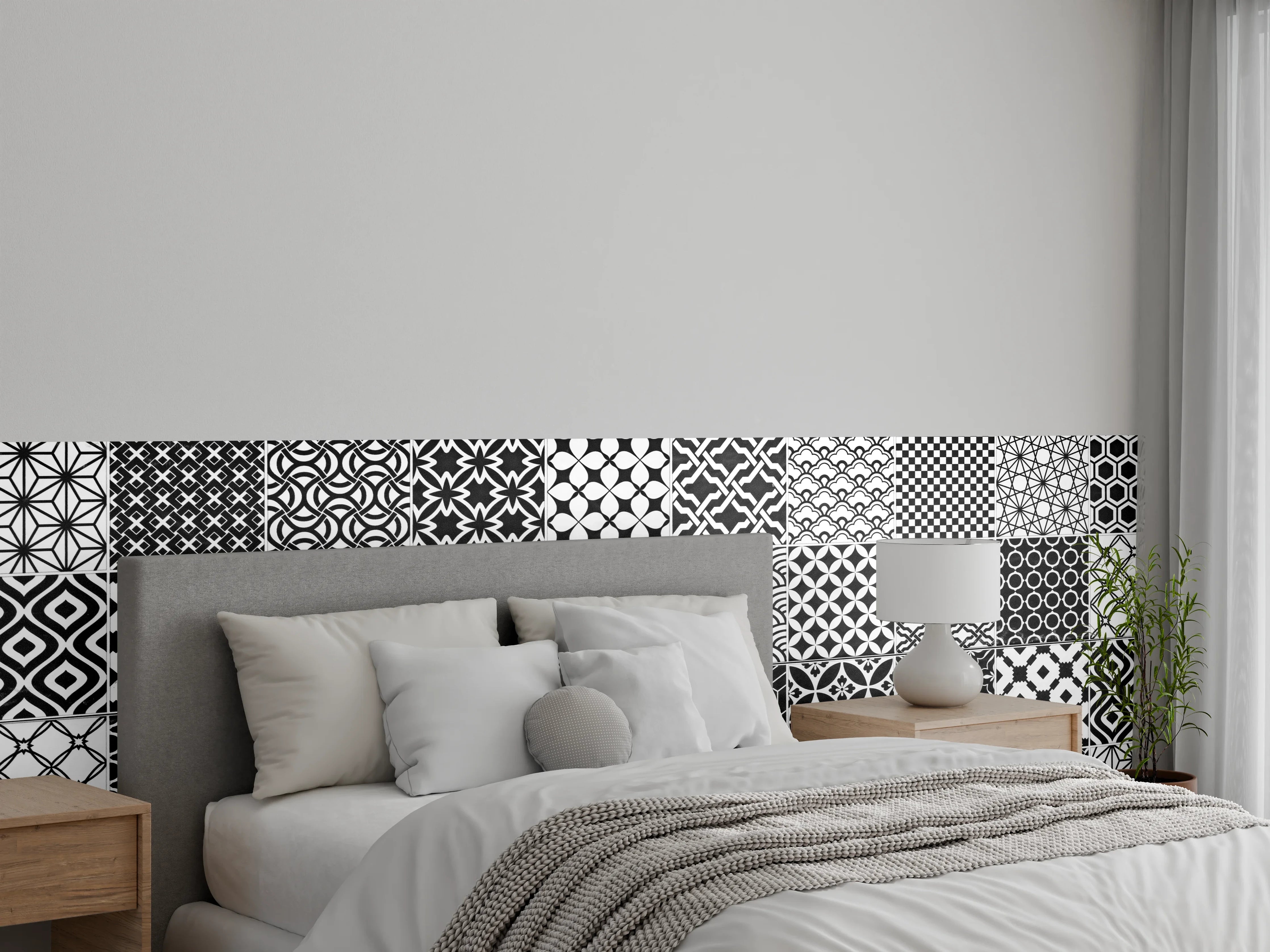 Wandverkleidung Schlafzimmer - Grau-Weiß geometrisch Mosaik