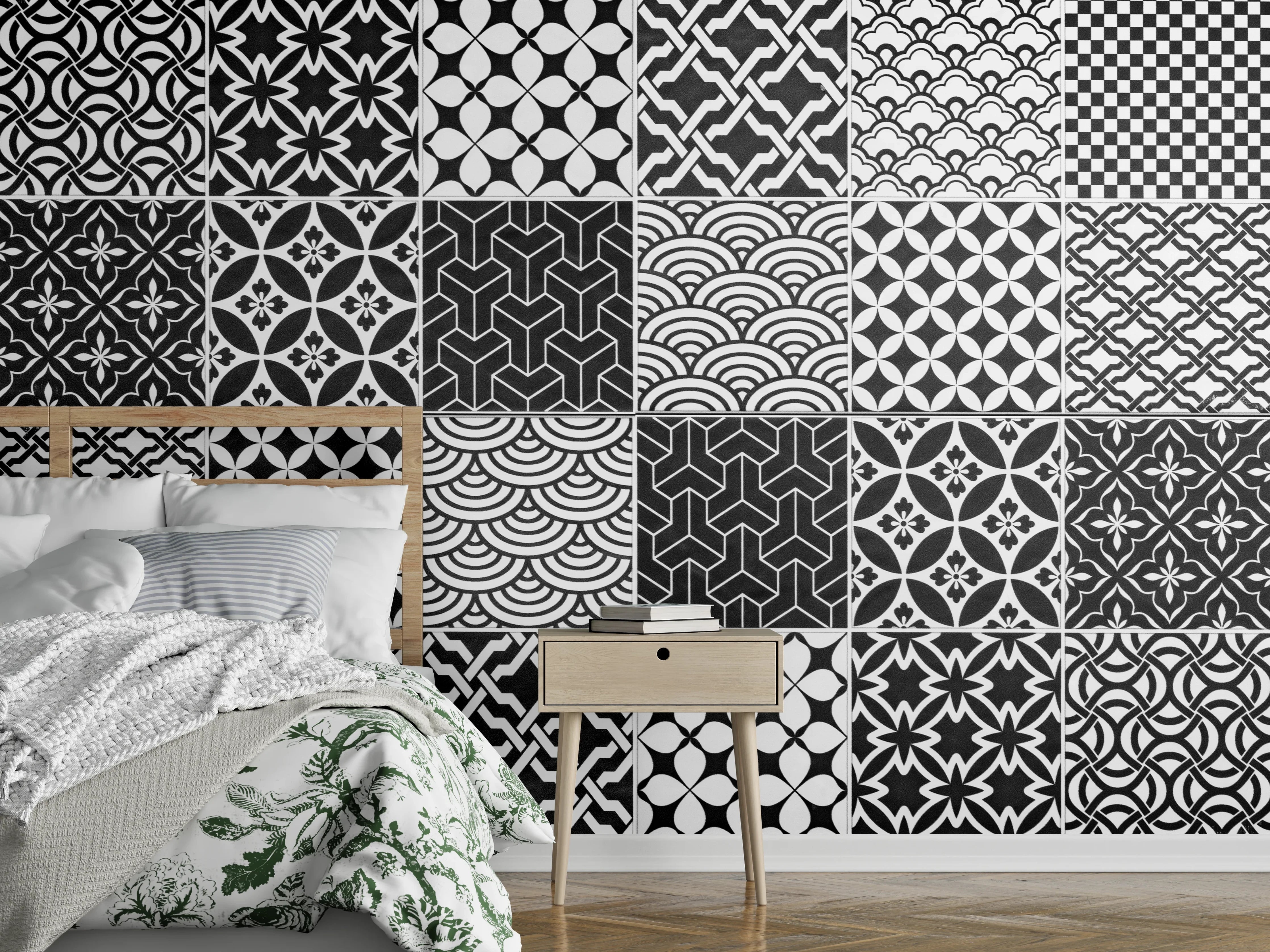 Wandverkleidung Schlafzimmer - Grau-Weiß geometrisch Mosaik