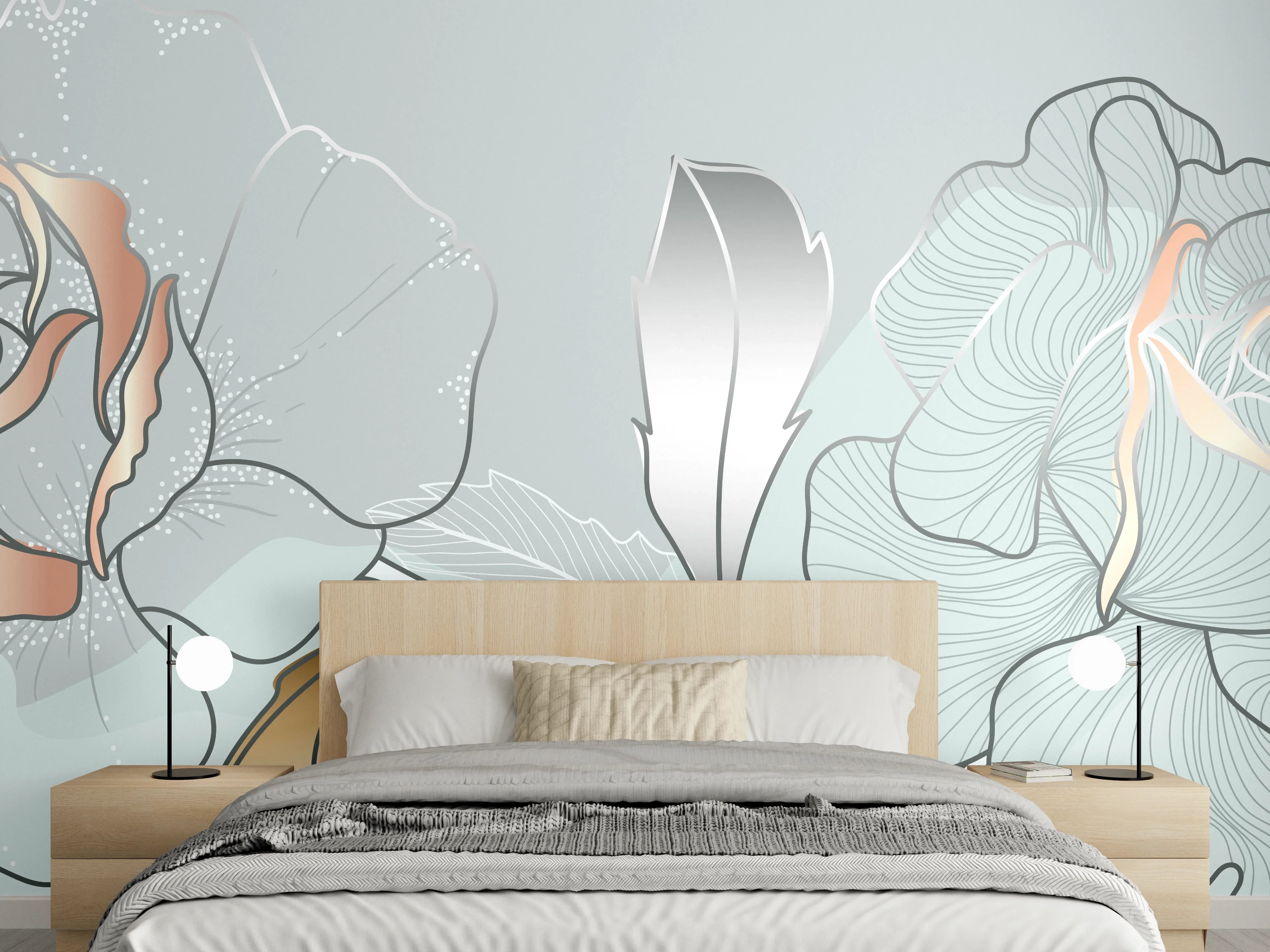 Wandverkleidung Schlafzimmer - Grau-Weiße Blumenillustration