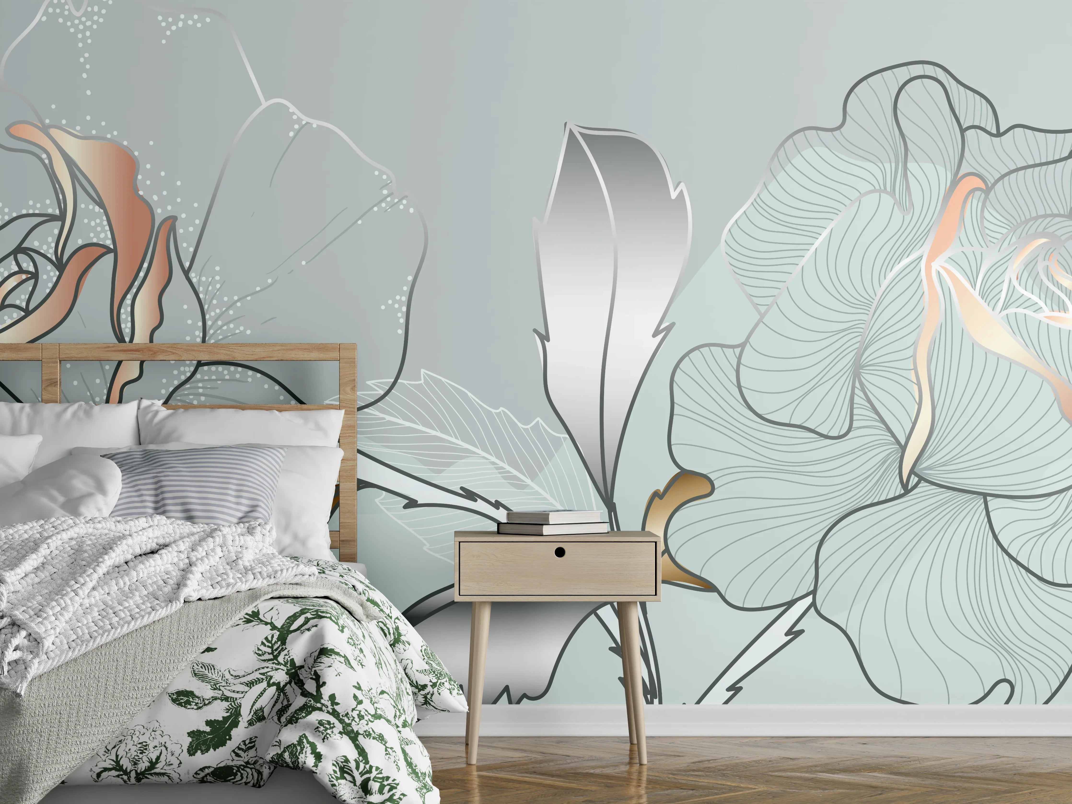 Wandverkleidung Schlafzimmer - Grau-Weiße Blumenillustration