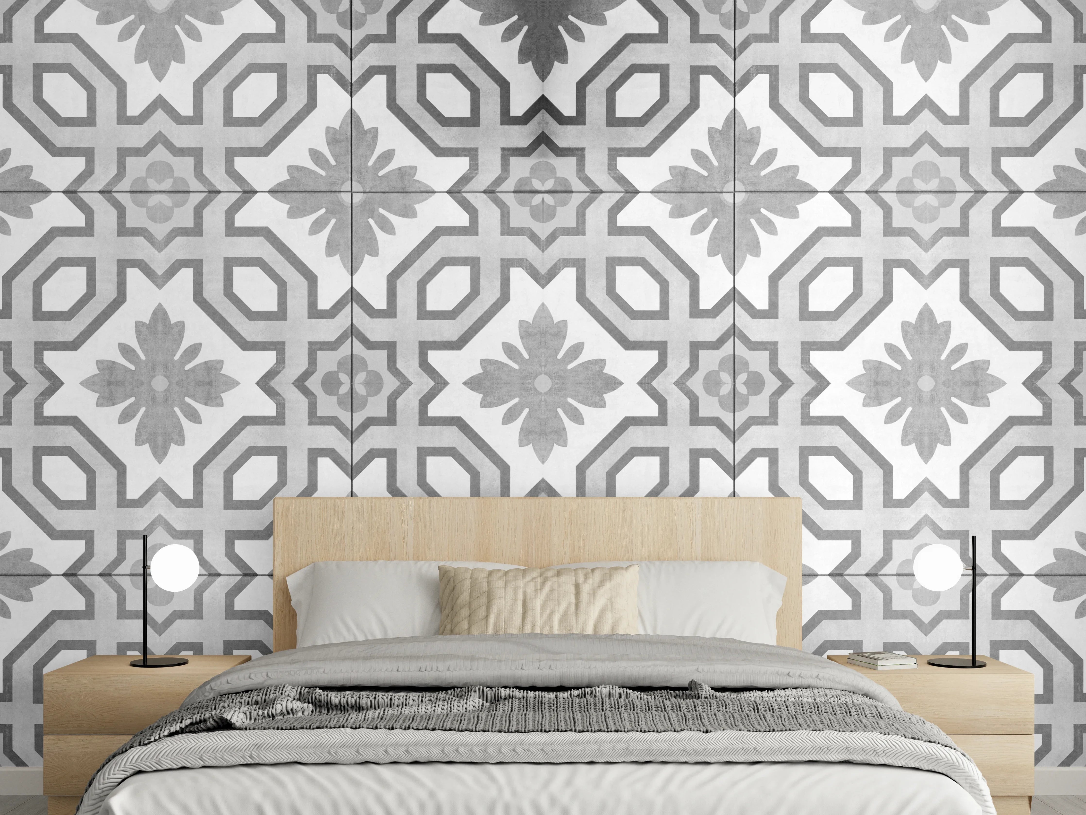 Wandverkleidung Schlafzimmer - Grau-Weiße Vintage Retro Fliesen