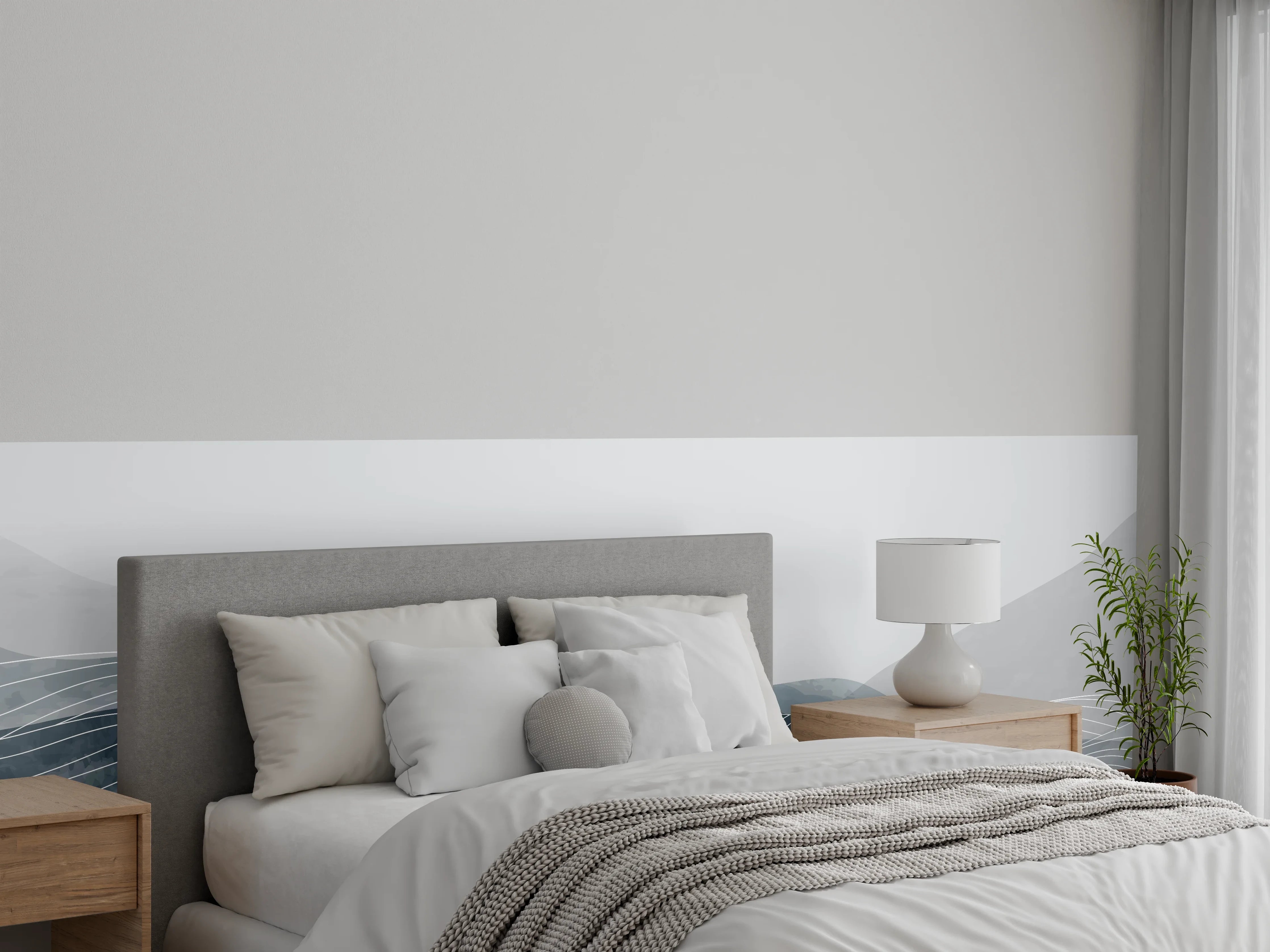 Wandverkleidung Schlafzimmer - Grau-Weiße Wellenlinien Kunst