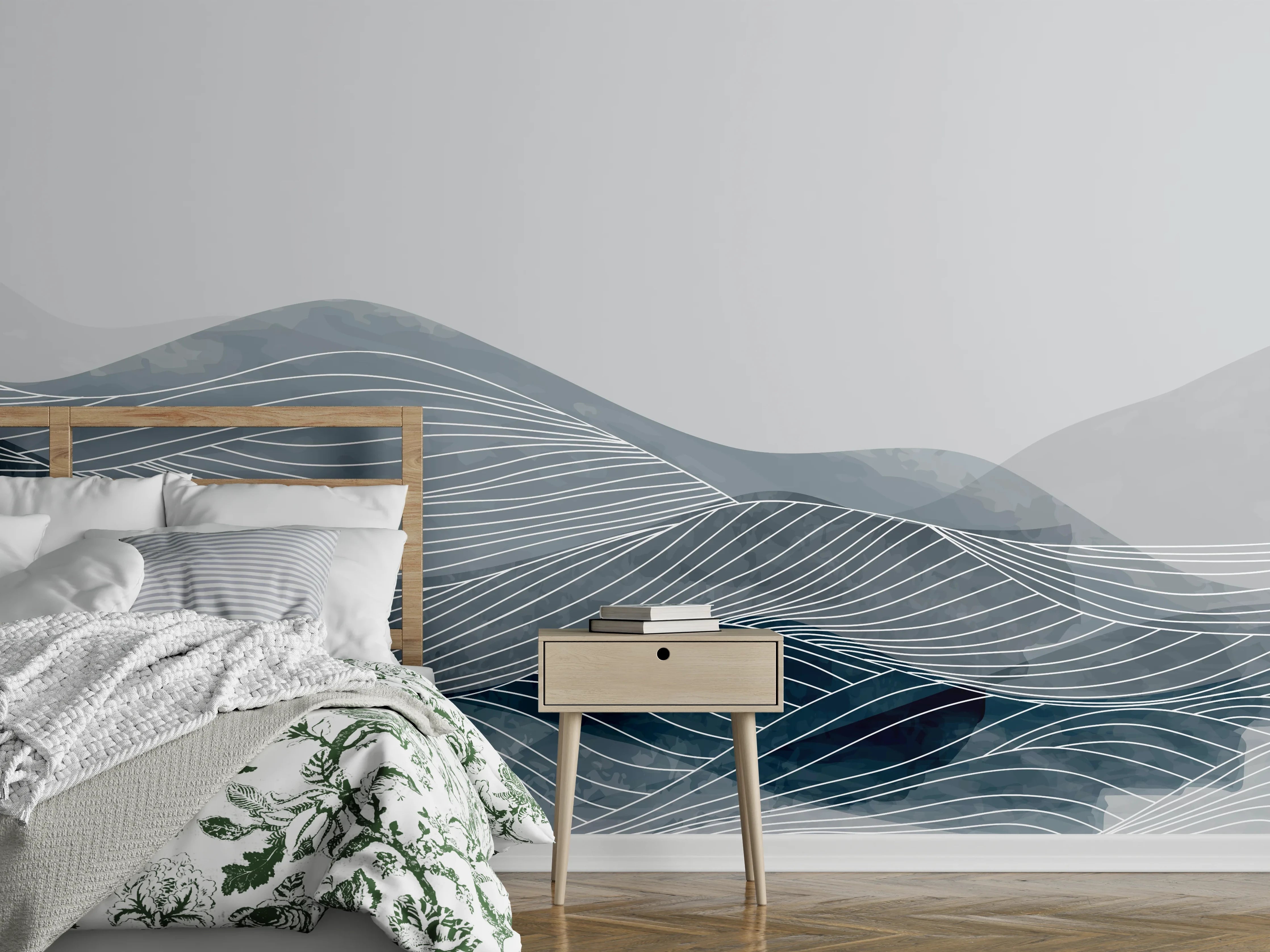 Wandverkleidung Schlafzimmer - Grau-Weiße Wellenlinien Kunst