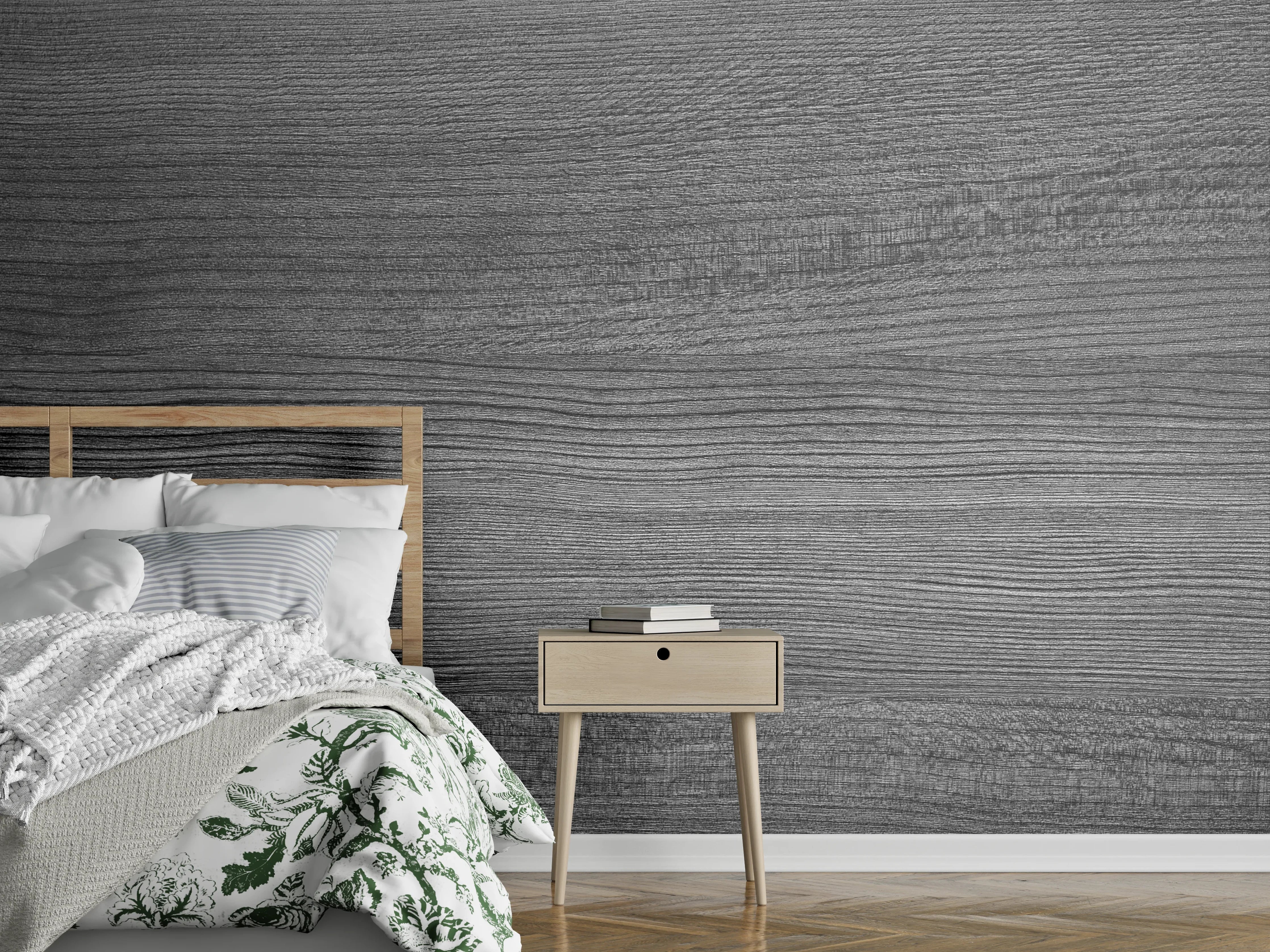Wandverkleidung Schlafzimmer - Grau melierte Holzoptik mit feiner Maserung