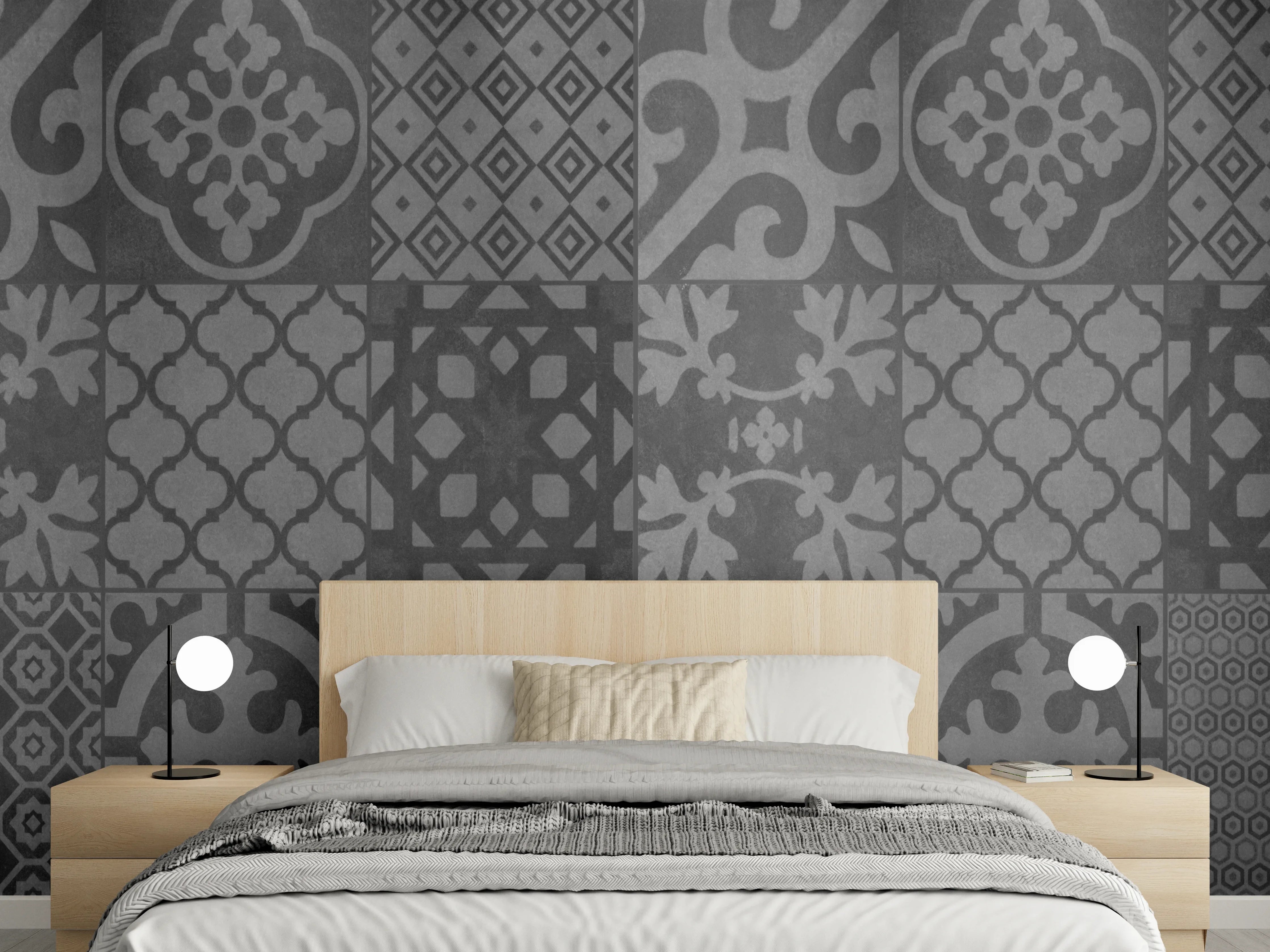 Wandverkleidung Schlafzimmer - Grau vintage Fliesen