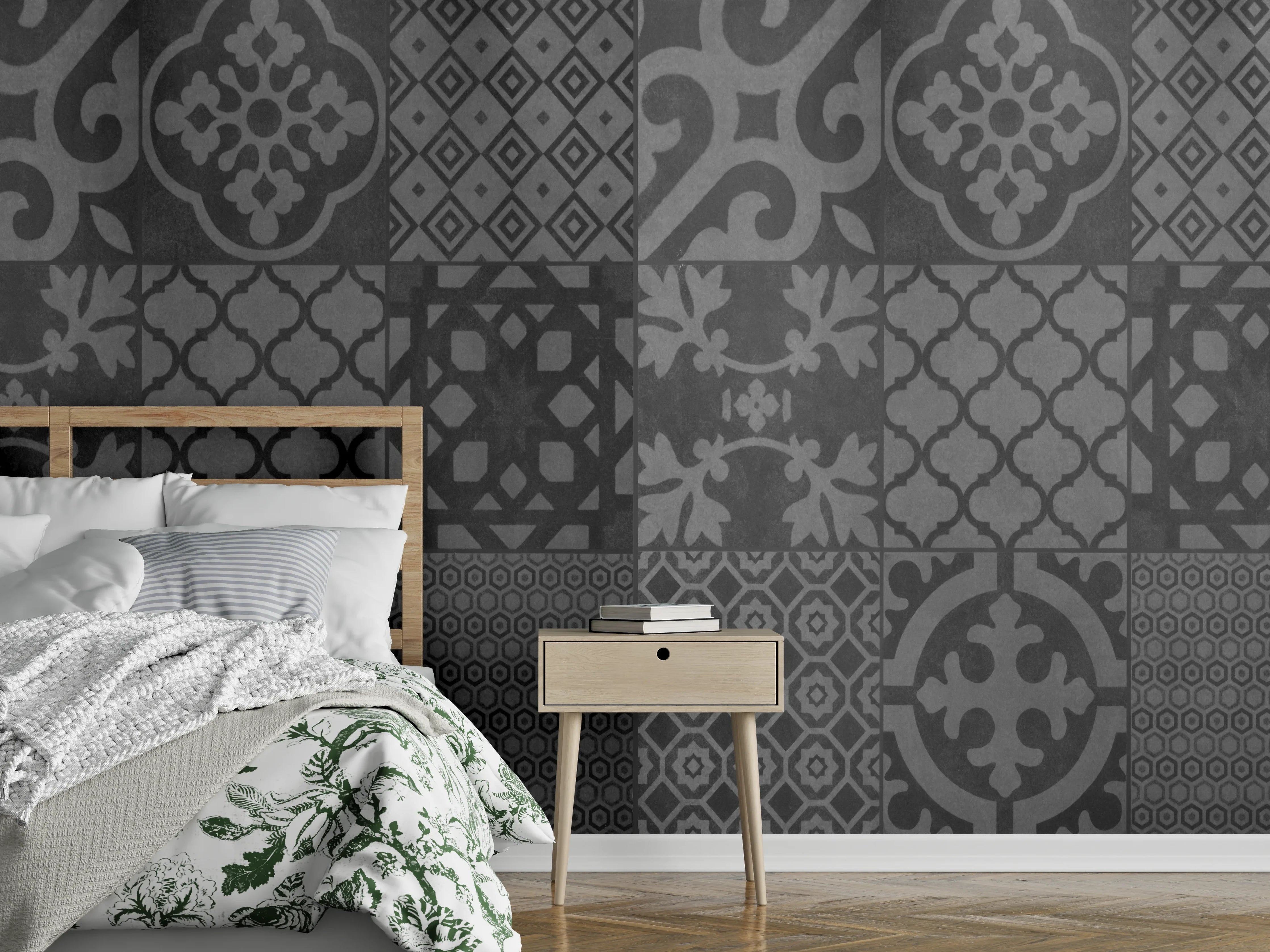 Wandverkleidung Schlafzimmer - Grau vintage Fliesen