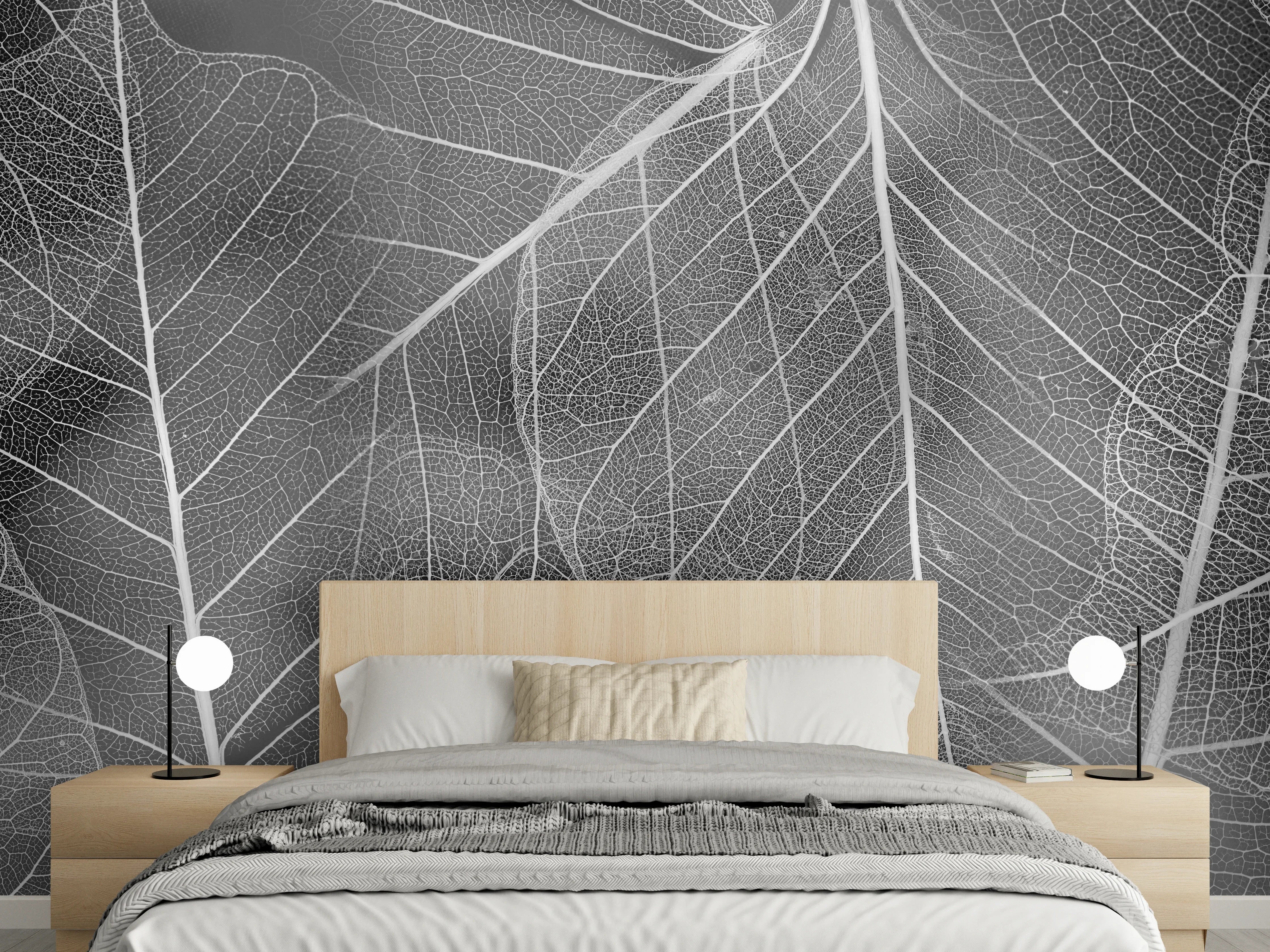 Wandverkleidung Schlafzimmer - Grau-weißes Blattmuster Close-up
