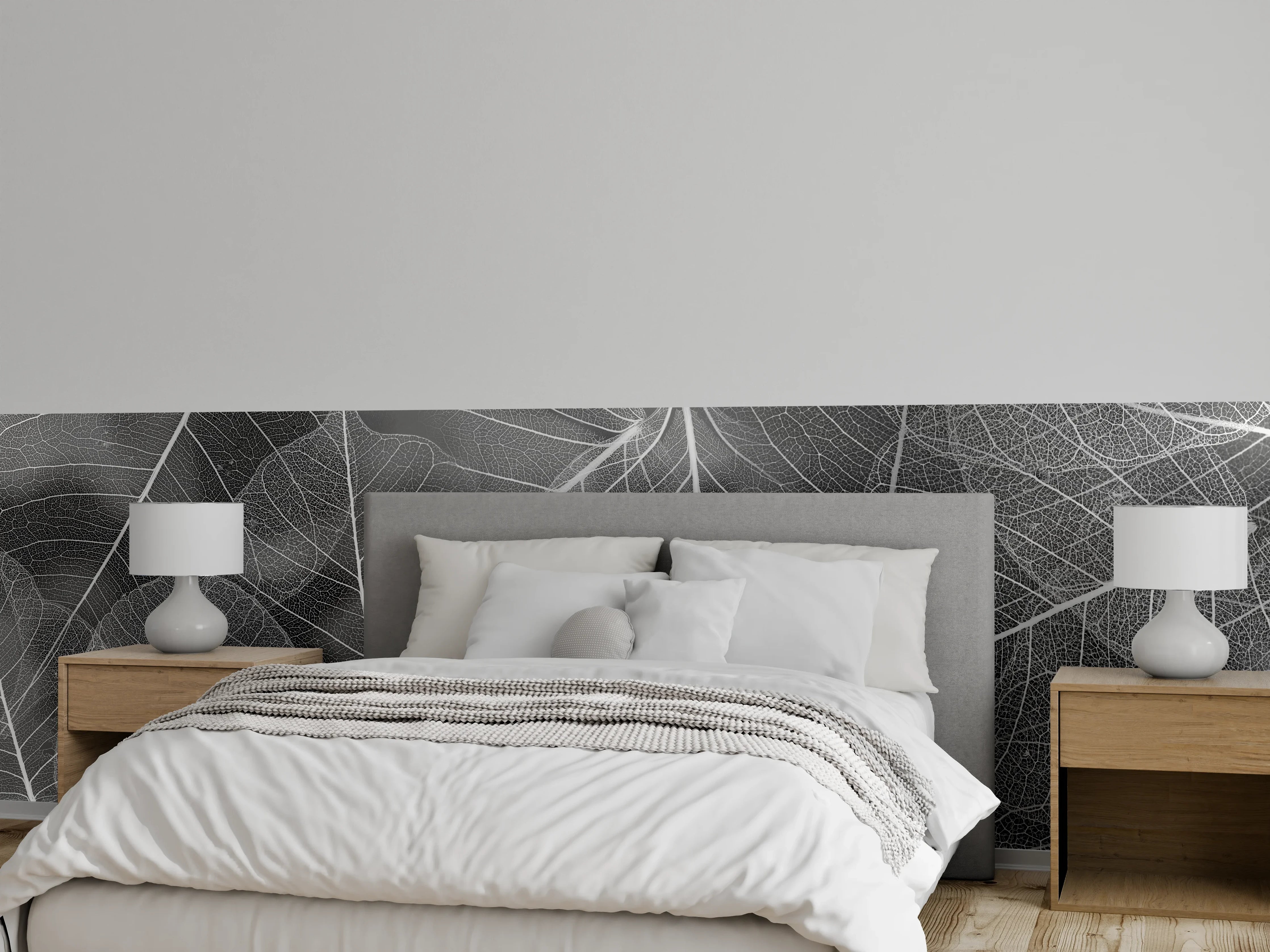 Wandverkleidung Schlafzimmer - Grau-weißes Blattmuster Close-up
