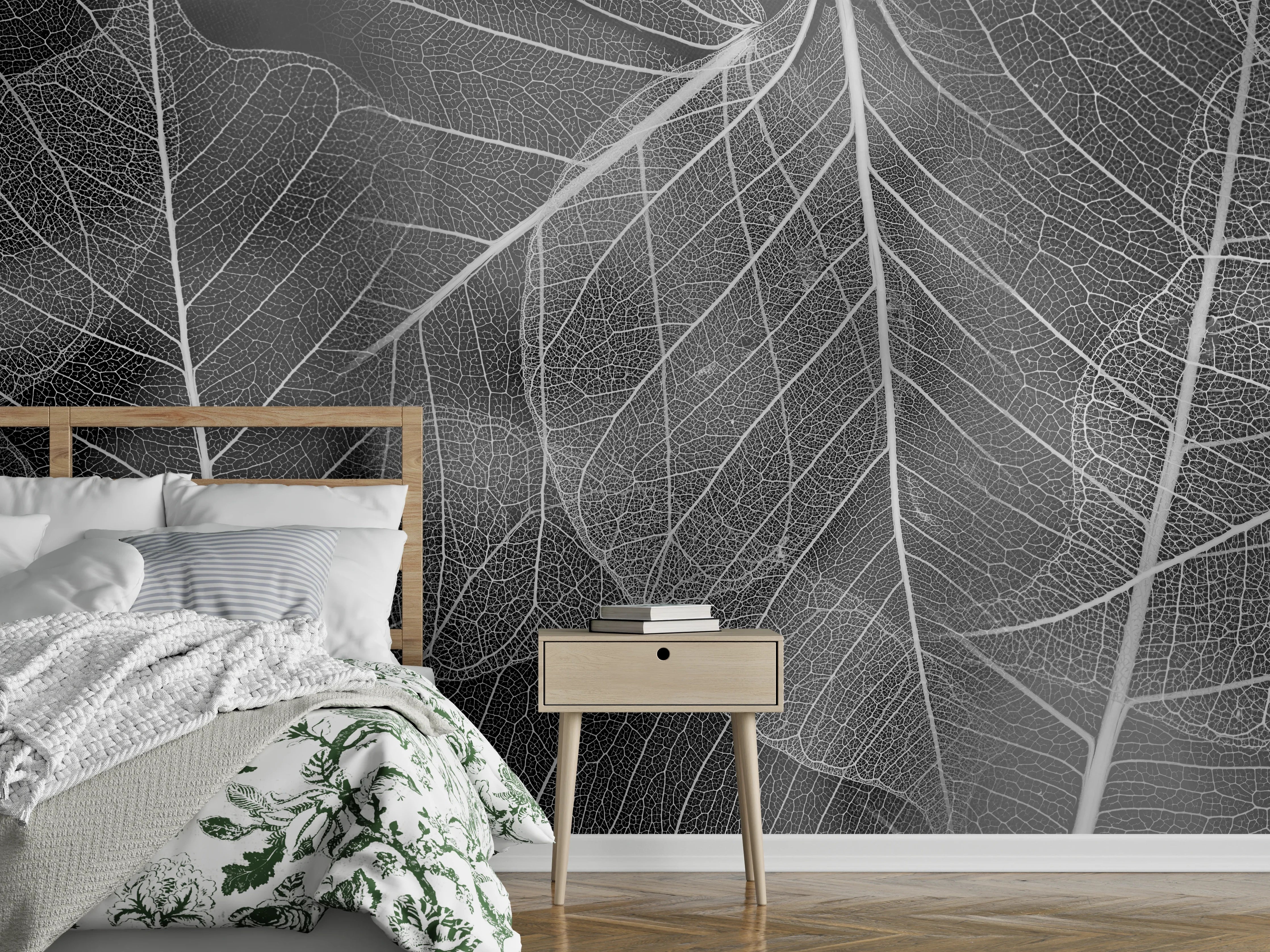 Wandverkleidung Schlafzimmer - Grau-weißes Blattmuster Close-up