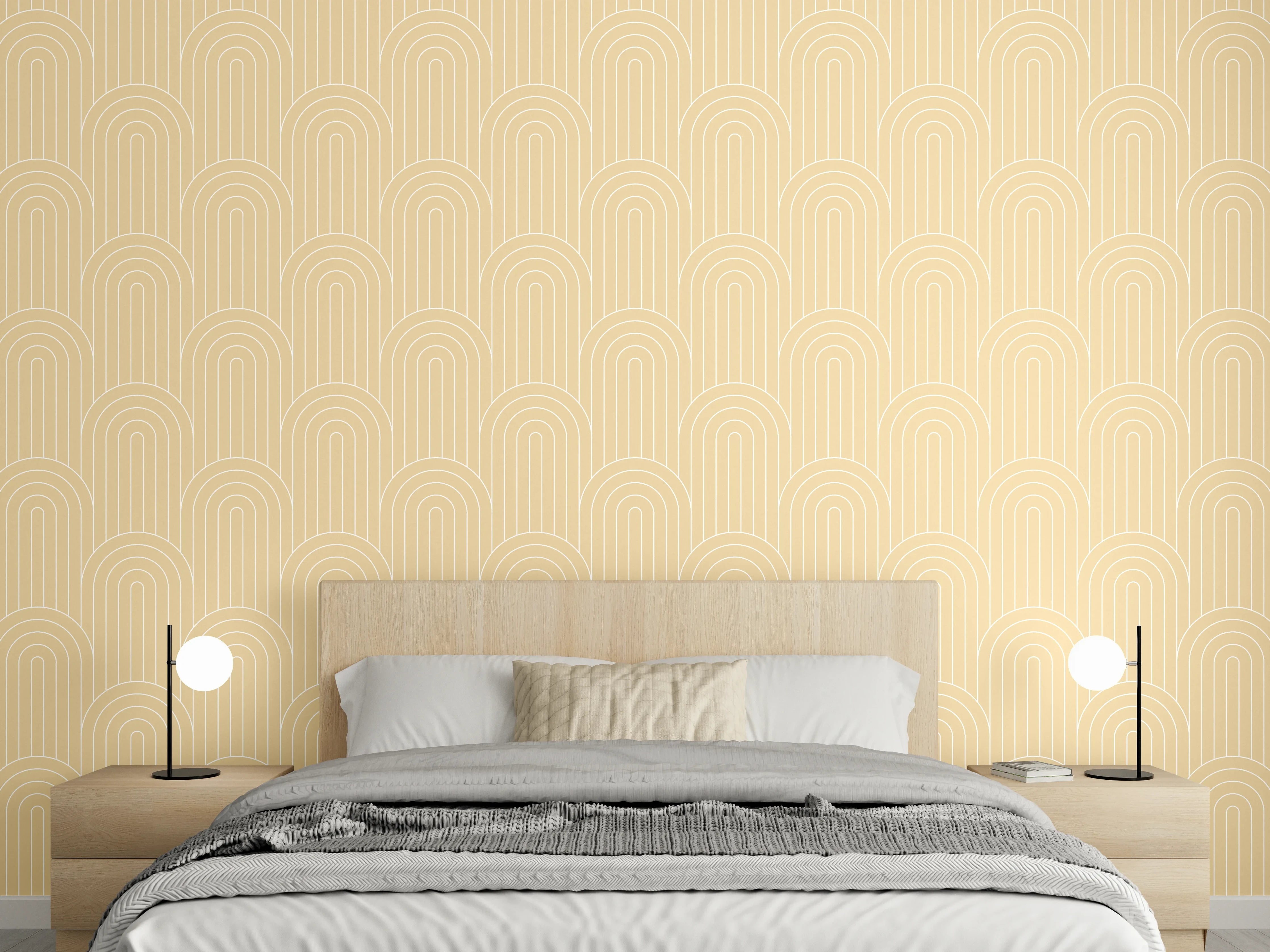 Wandverkleidung Schlafzimmer - Graubeige Tapete mit weißen Mustern