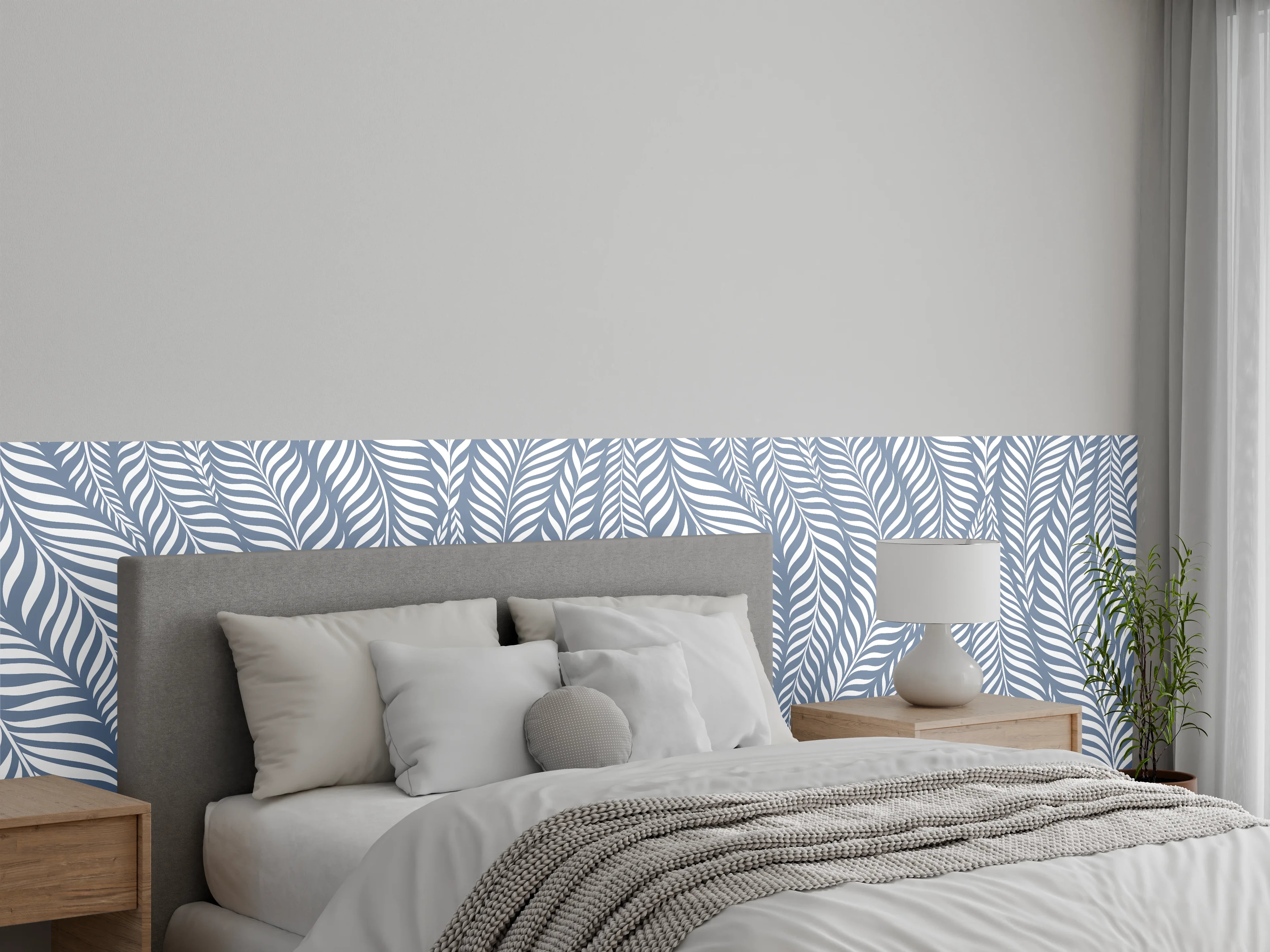 Wandverkleidung Schlafzimmer - Graublau Palmblatt Design Tapete