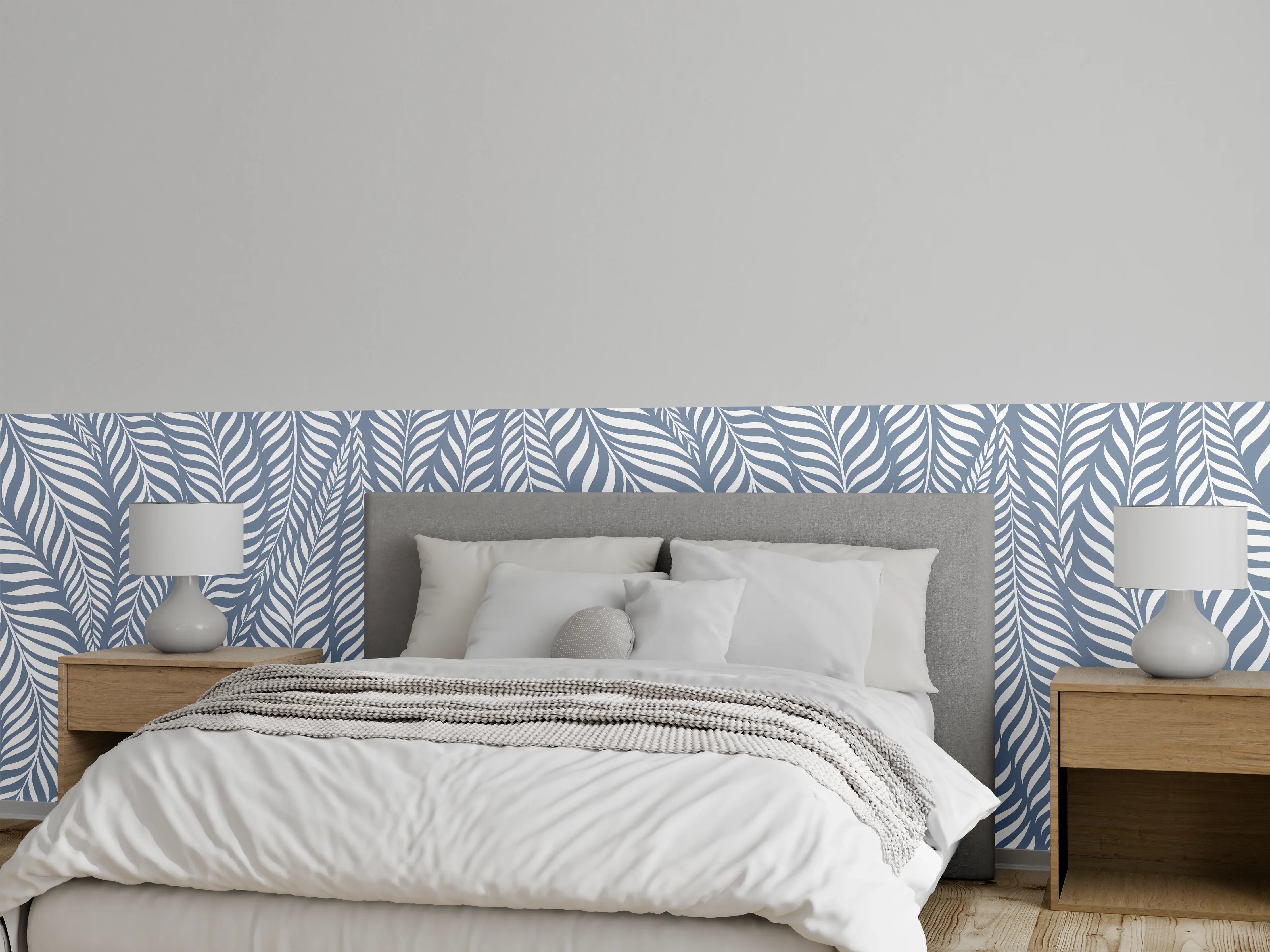 Wandverkleidung Schlafzimmer - Graublau Palmblatt Design Tapete
