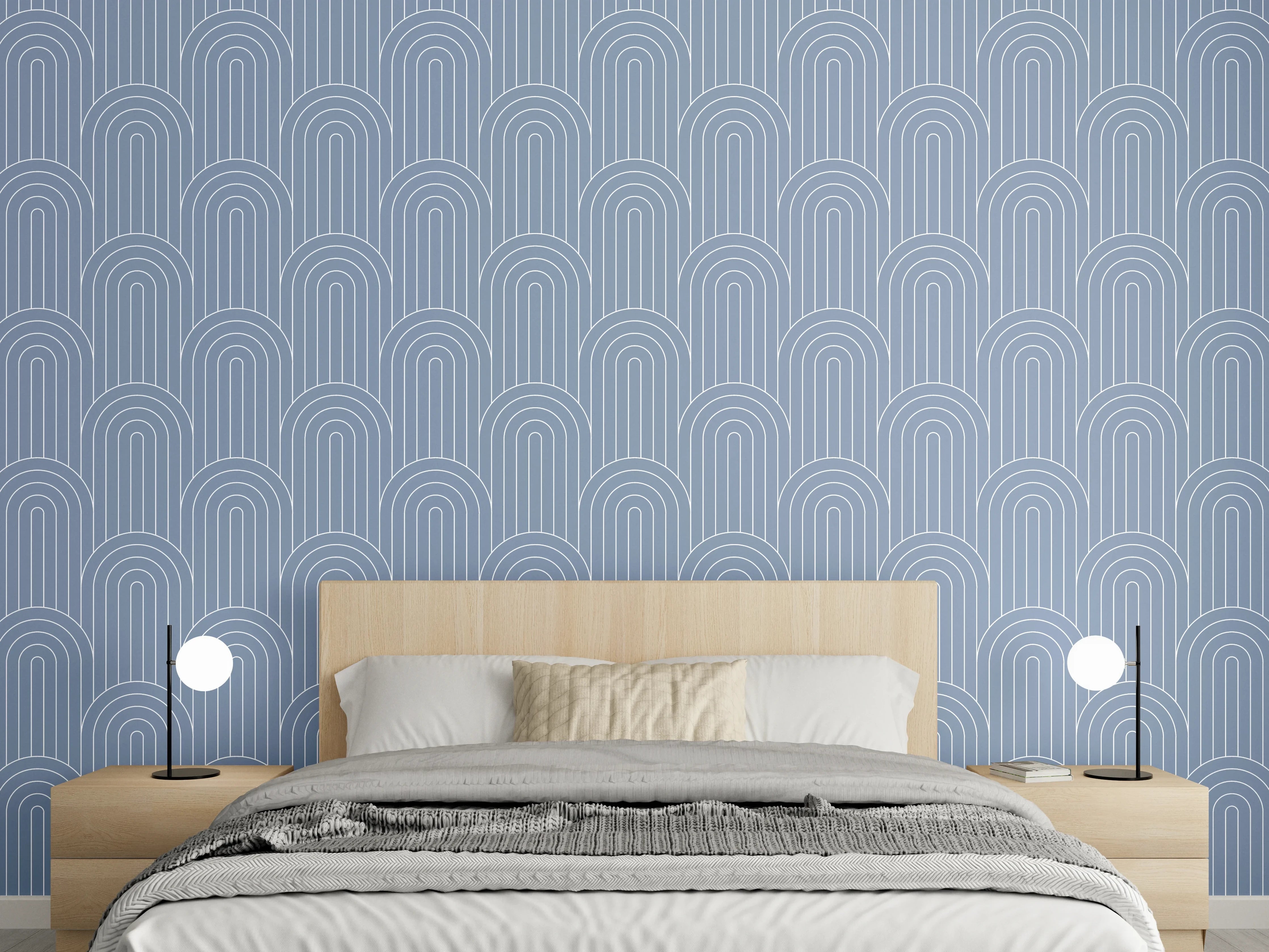 Wandverkleidung Schlafzimmer - Graublaue Linienkunst auf Weiß