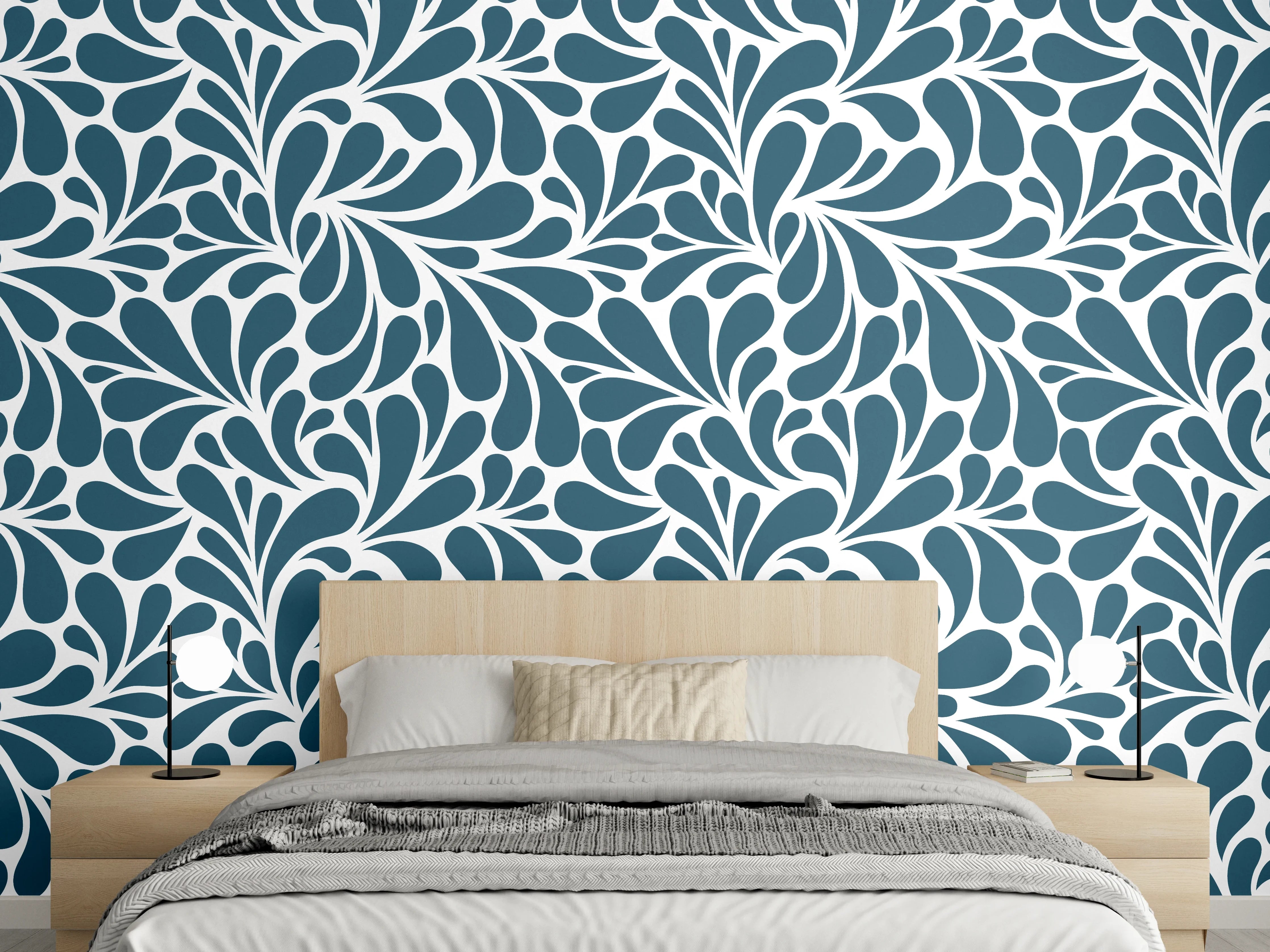 Wandverkleidung Schlafzimmer - Graublaues Blütenornament auf Weiß