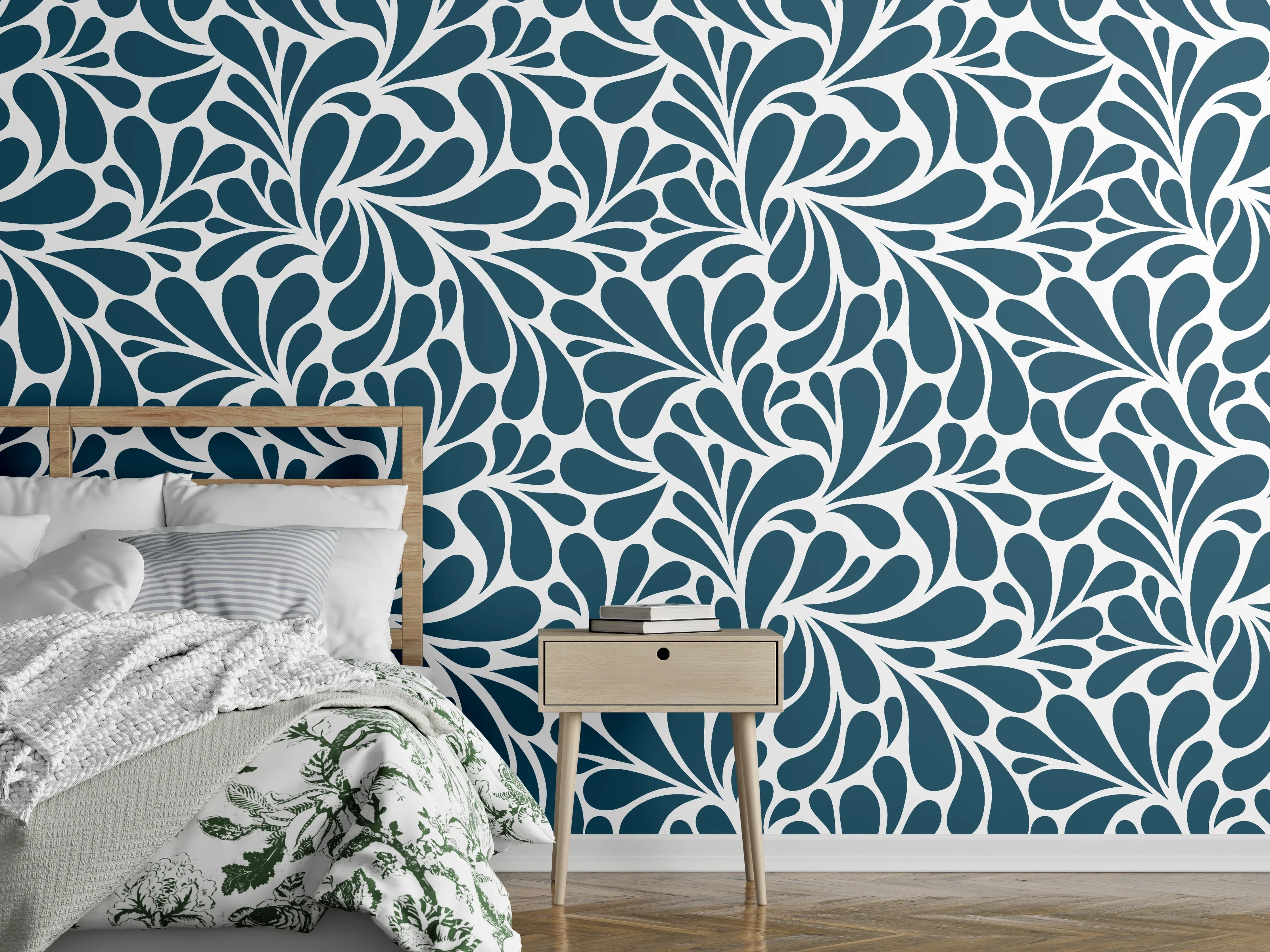 Wandverkleidung Schlafzimmer - Graublaues Blütenornament auf Weiß