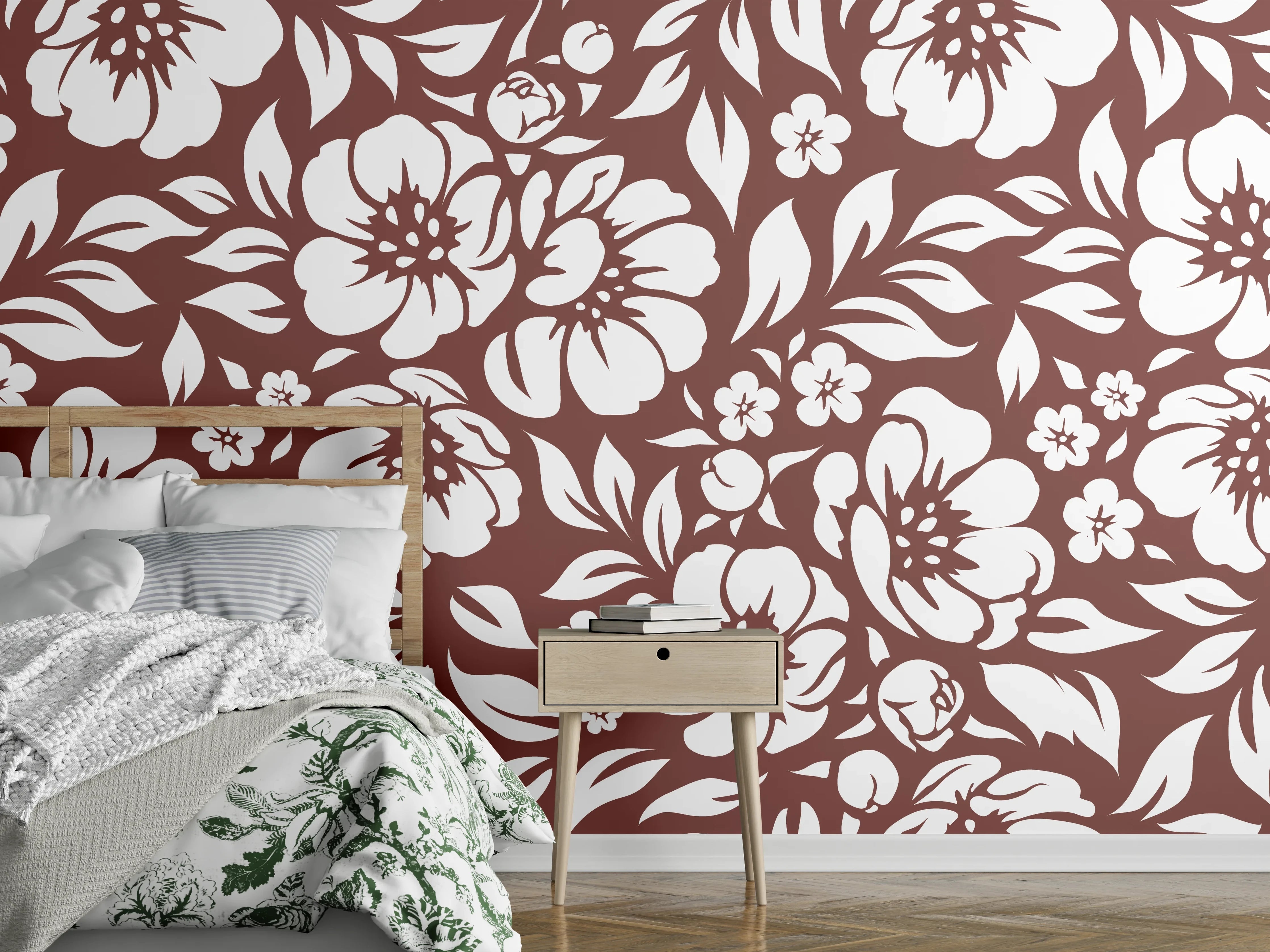 Wandverkleidung Schlafzimmer - Graubraune Blütenpracht auf Weiß