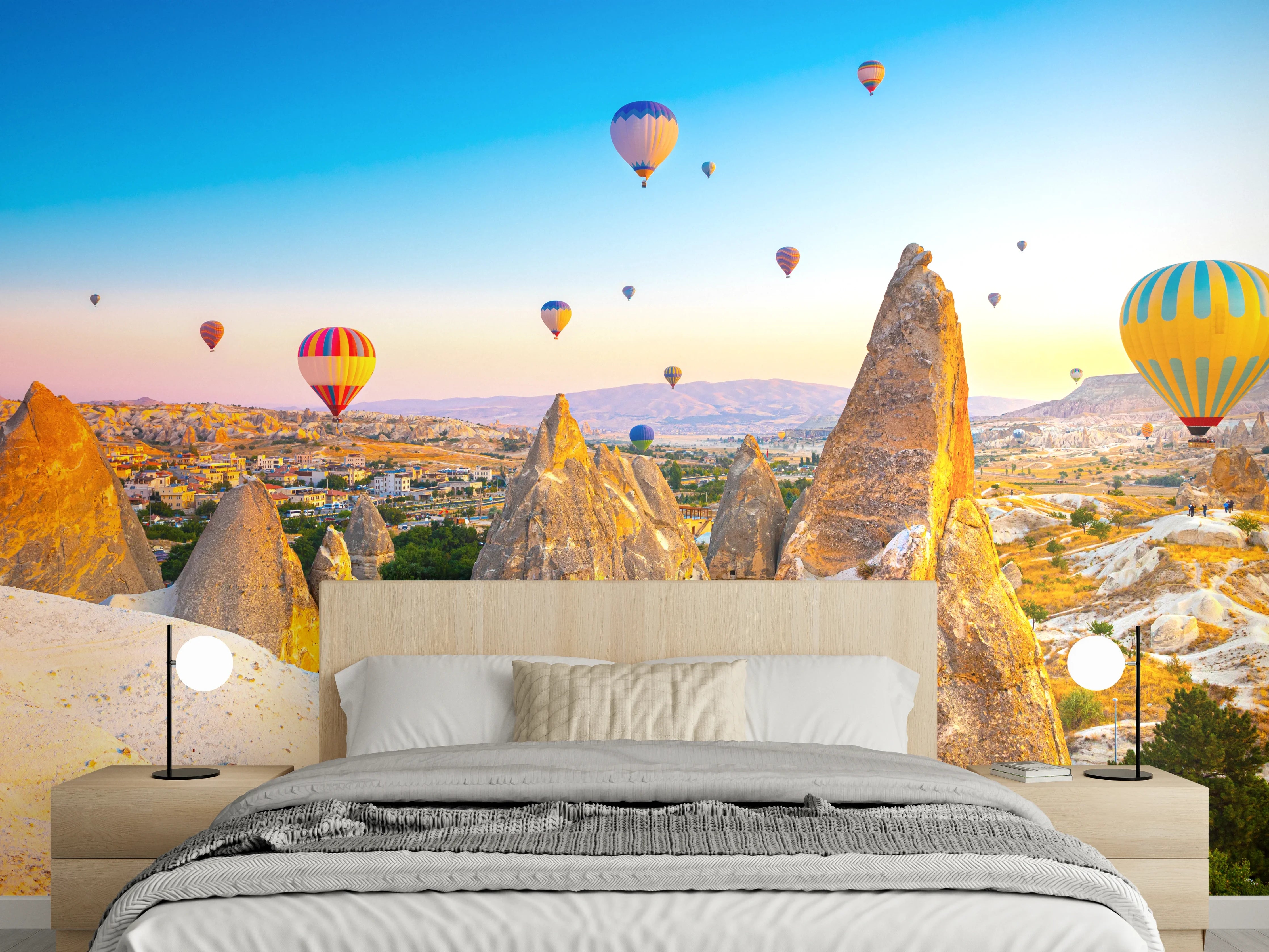 Wandverkleidung Schlafzimmer - Graue Ballons schweben über Mondlandschaft