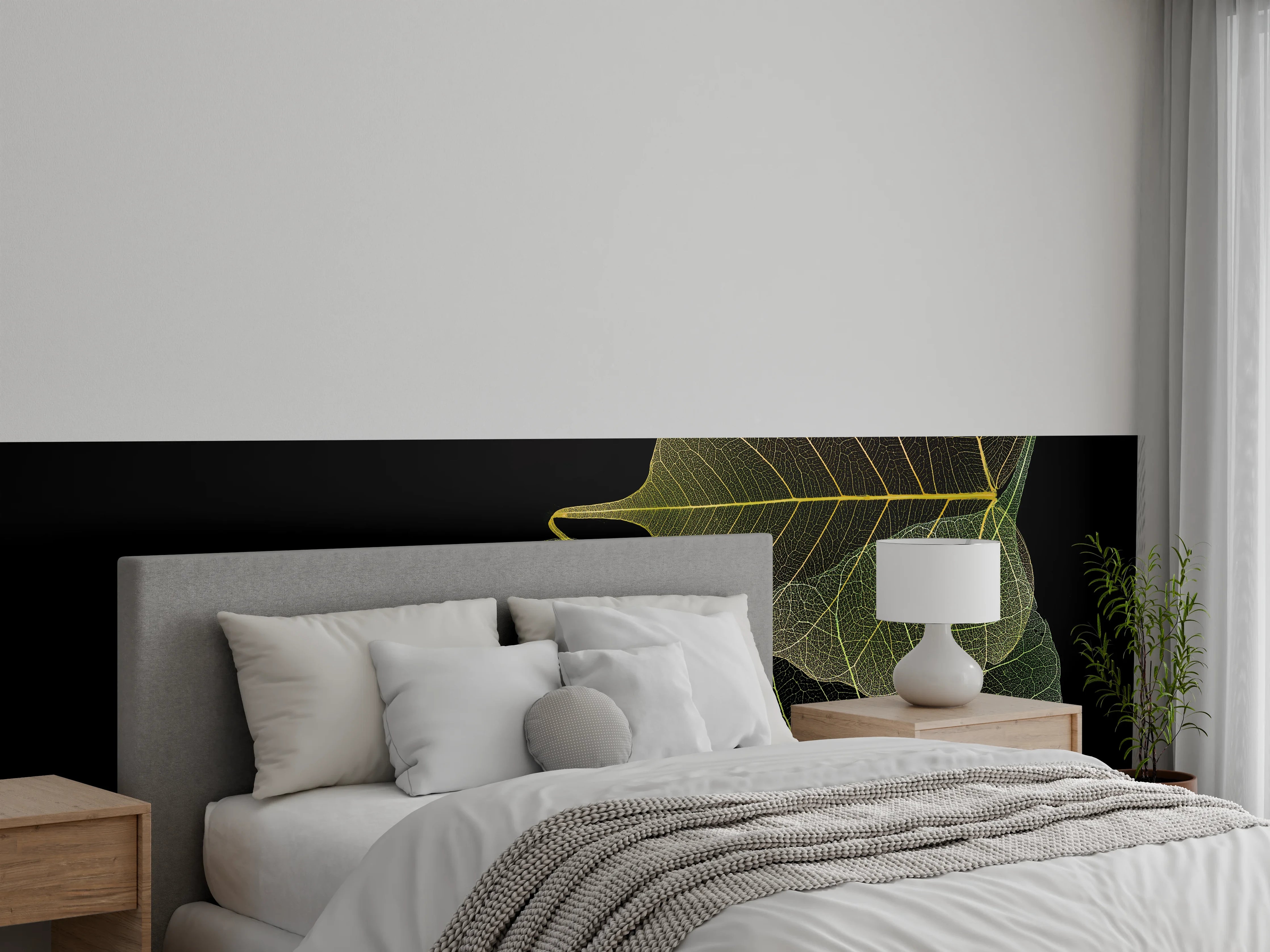 Wandverkleidung Schlafzimmer - Graue Blätter auf dunklem Grund