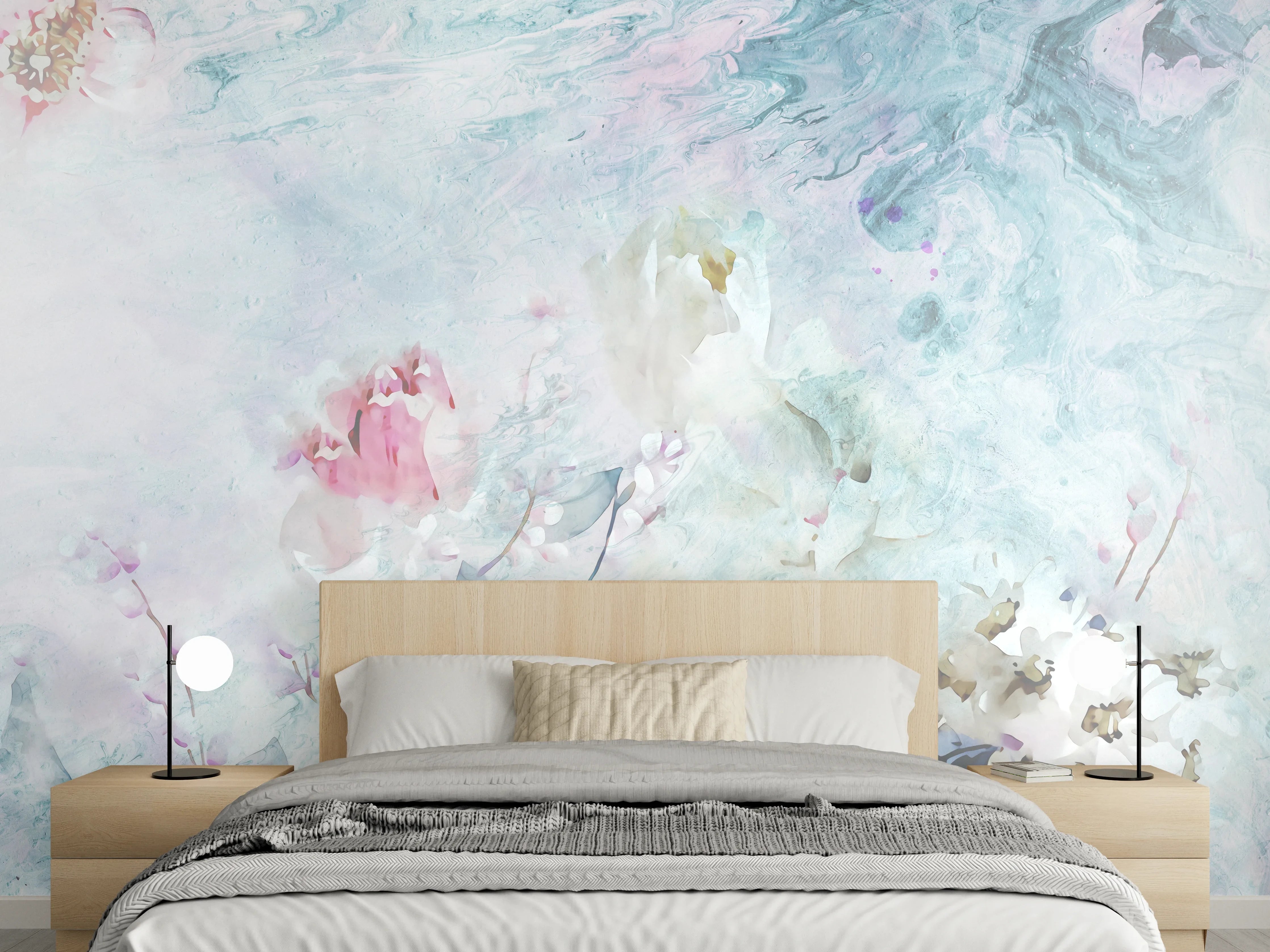 Wandverkleidung Schlafzimmer - Graue Blüten auf Marmorhauch
